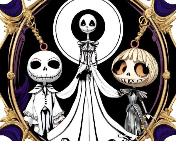 Gothic Scene with Whimsical Skeleton Characters