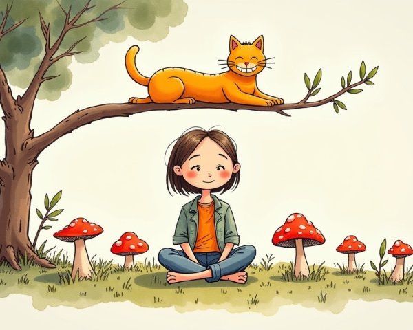 Cheerful girl and cat in a vibrant illustrated scene