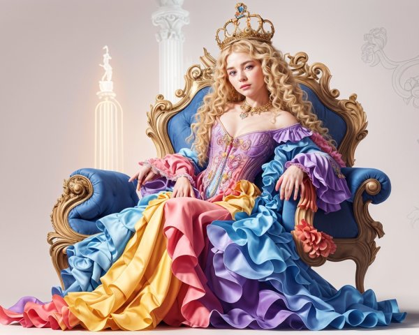 Young girl on ornate throne in vibrant gown
