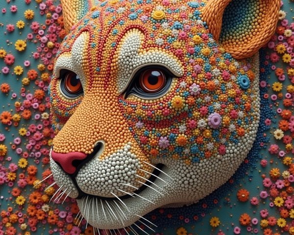 Vibrant Leopard Head with Floral Patterns and Colors