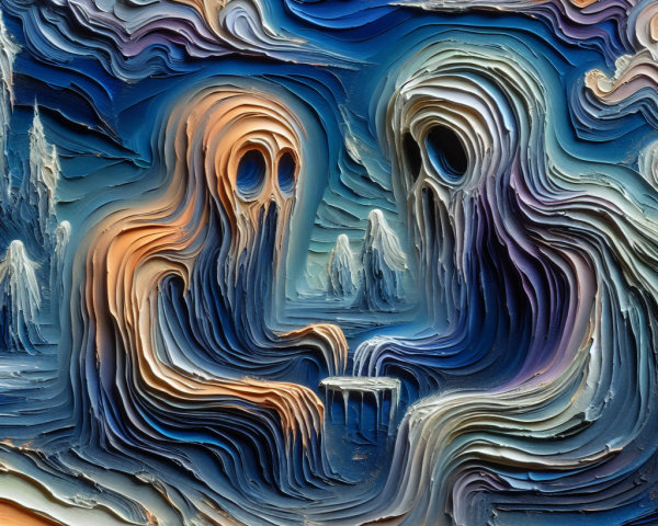 Ghostly Figures in Surreal Vibrant Landscape Art