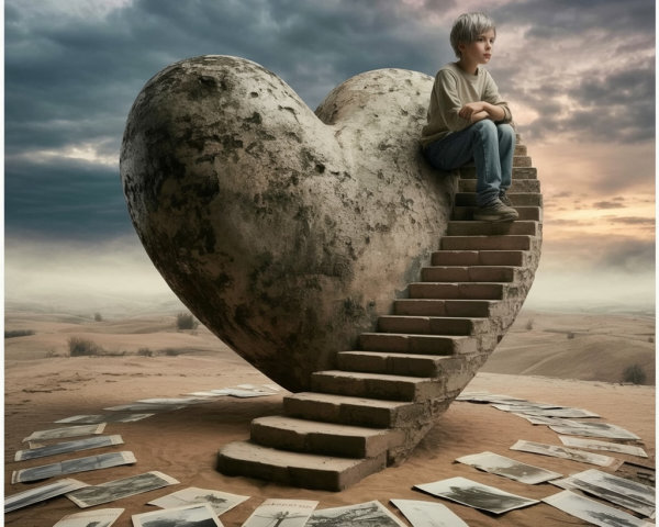 Boy on Heart-Shaped Stone Structure in Barren Landscape