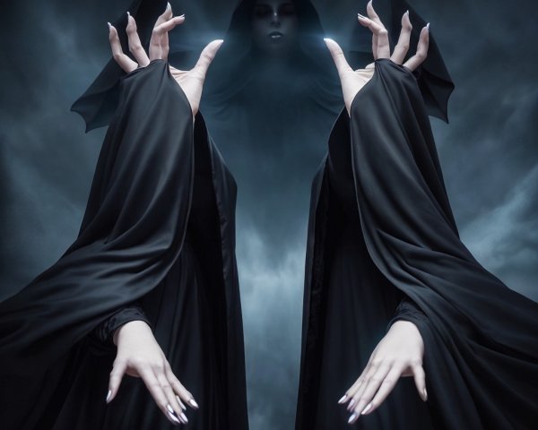 Mysterious dark figure in flowing black cloak with mist