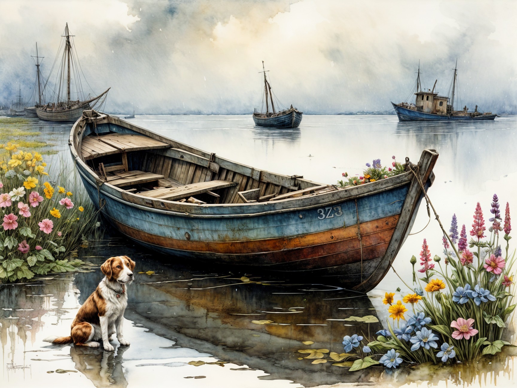 Watercolor Scene of Boat, Flowers, and Dog by Water