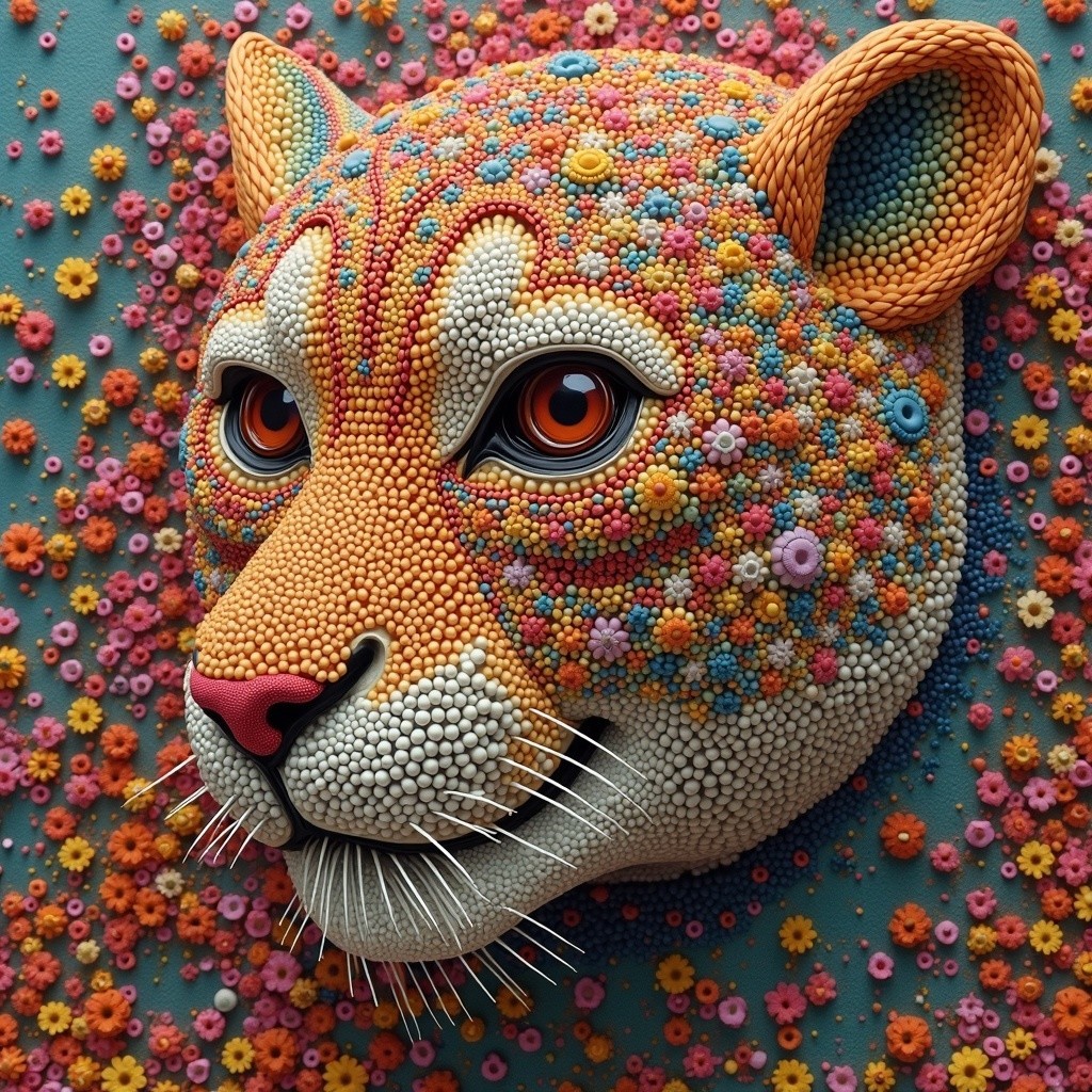 Vibrant Leopard Head with Floral Patterns and Colors