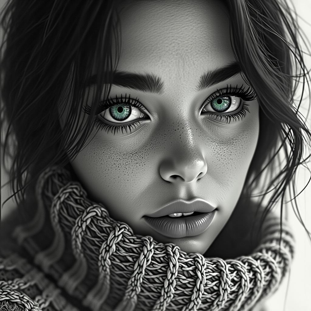 Close-up of a young woman with green eyes and freckles