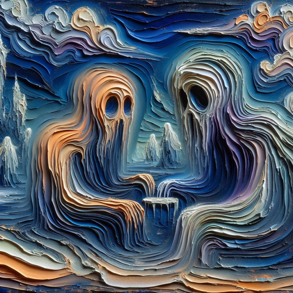 Ghostly Figures in Surreal Vibrant Landscape Art