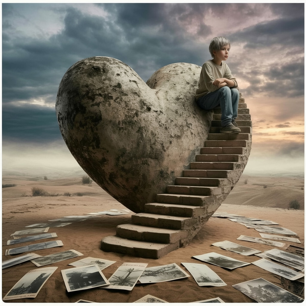 Boy on Heart-Shaped Stone Structure in Barren Landscape