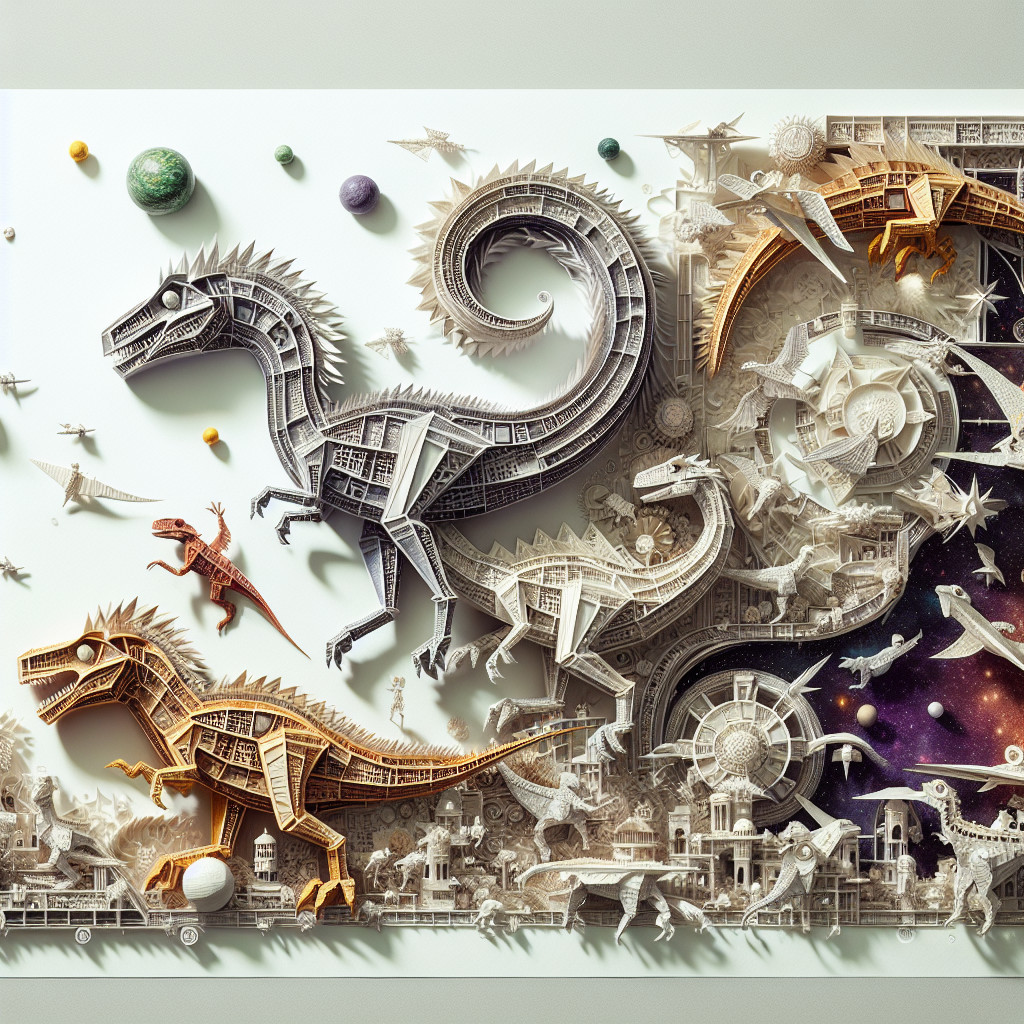 Layered Sculpture of Dinosaurs in Cosmic Scene