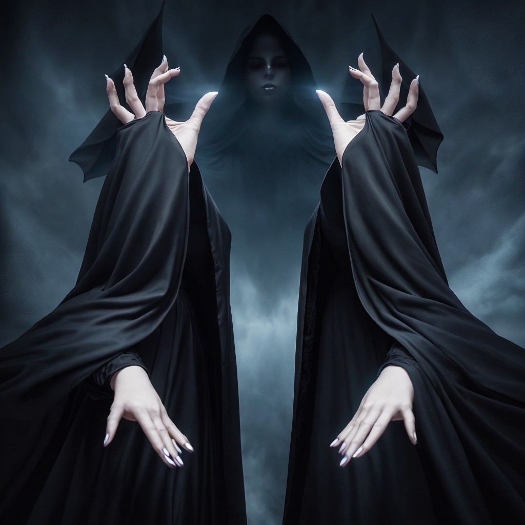 Mysterious dark figure in flowing black cloak with mist