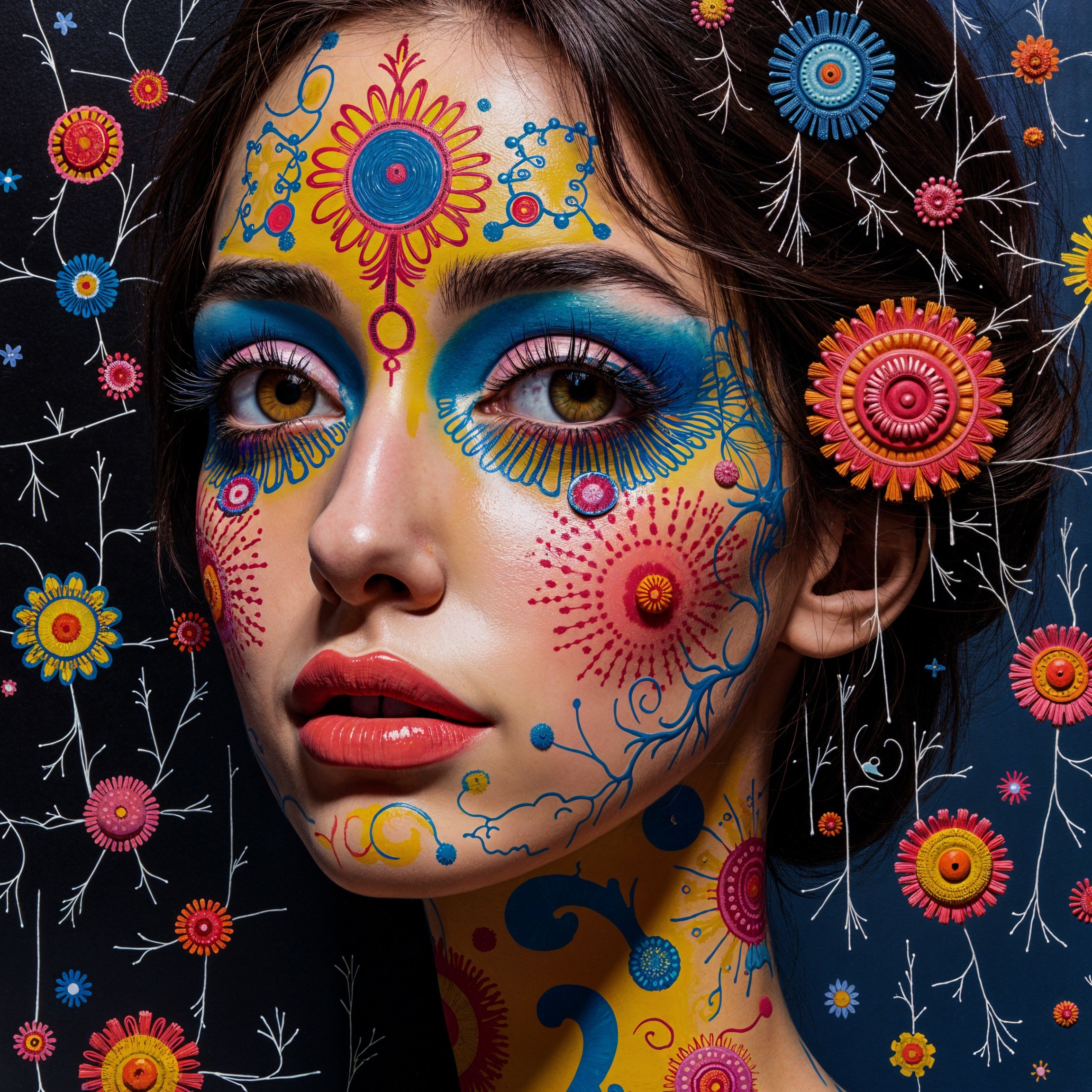 Portrait of a Woman with Intricate Face Paint Designs