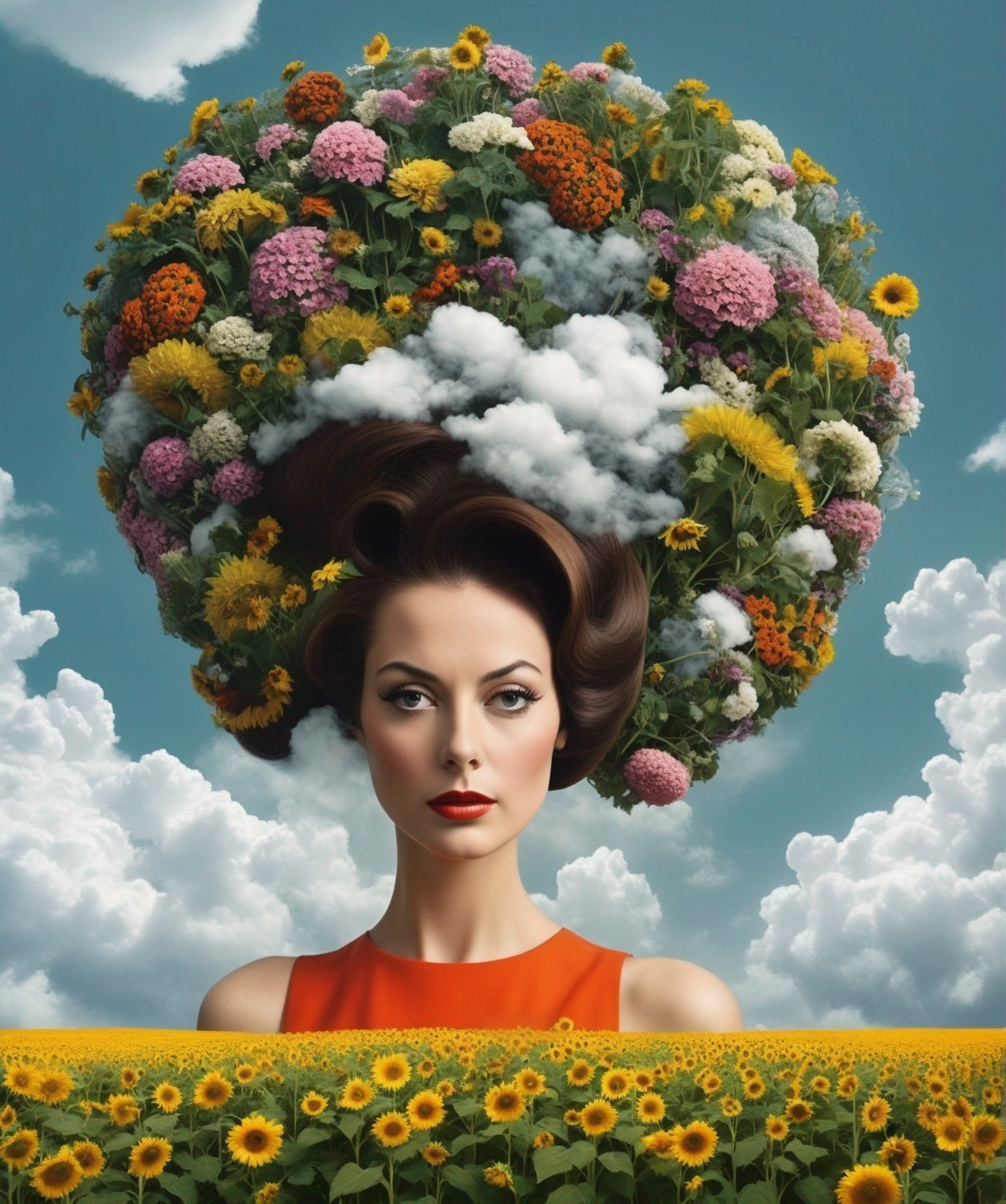 Portrait of a Woman with Floral Hairstyle and Sunflowers