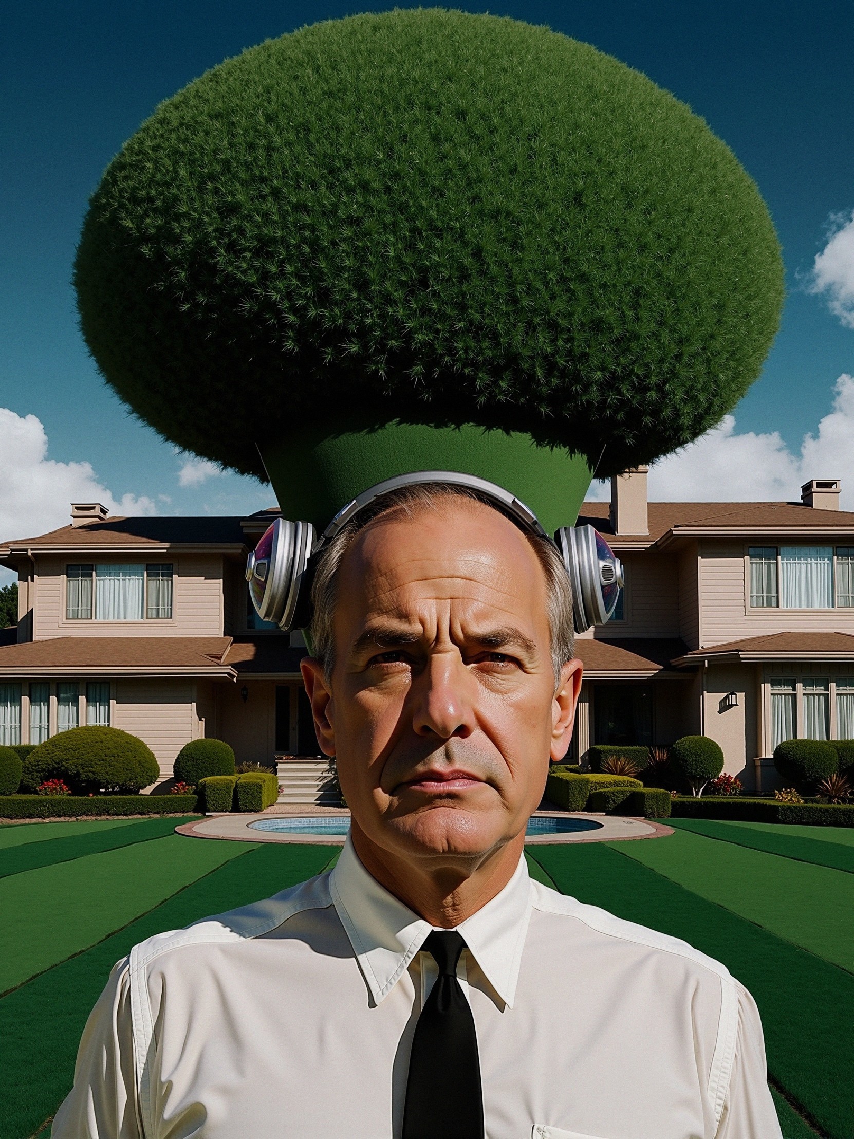 Middle-aged man with headphones and tree-like headpiece
