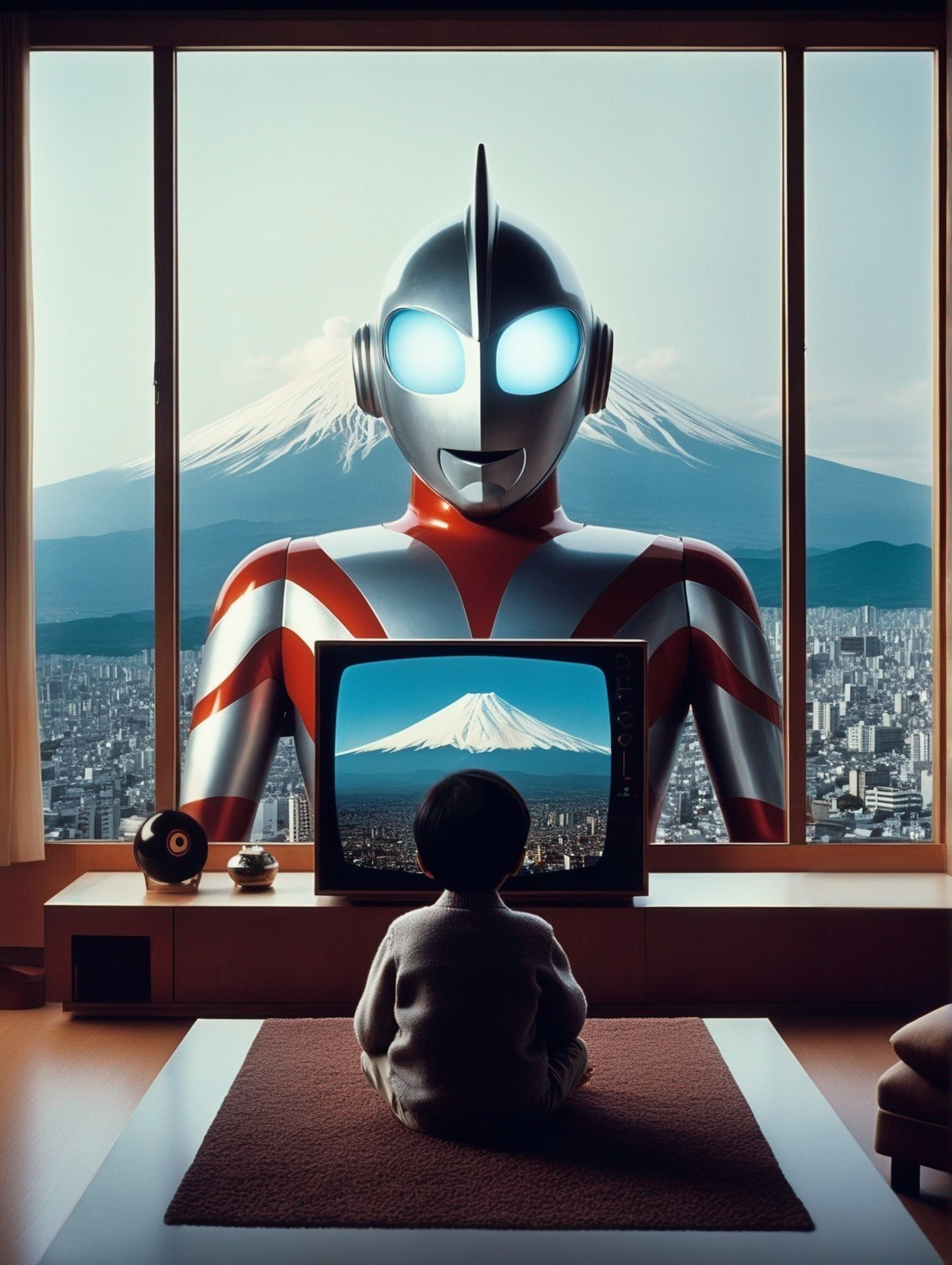 Child Watching TV in Cozy Room with Robot Outside