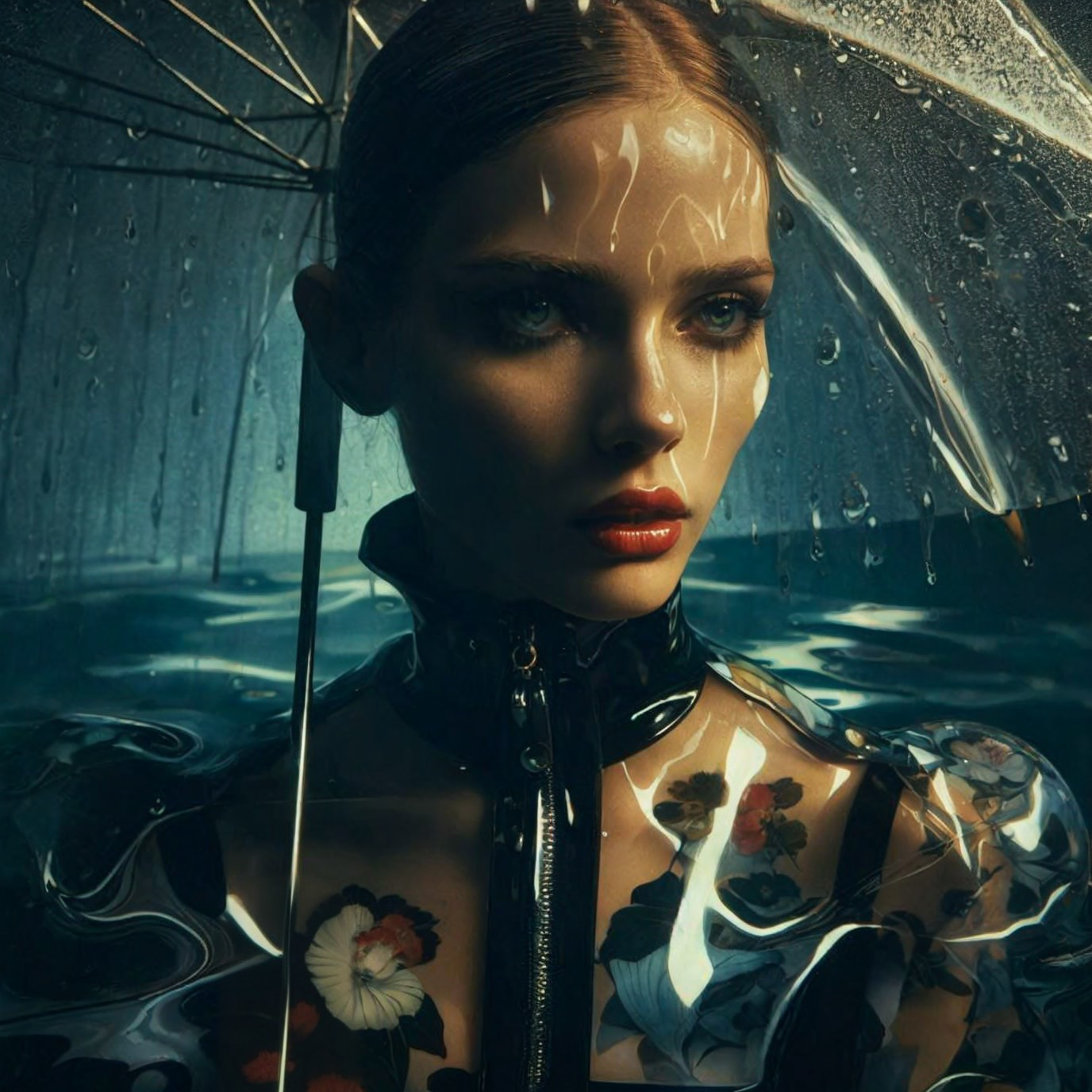 Portrait of a Model with Umbrella and Raindrops