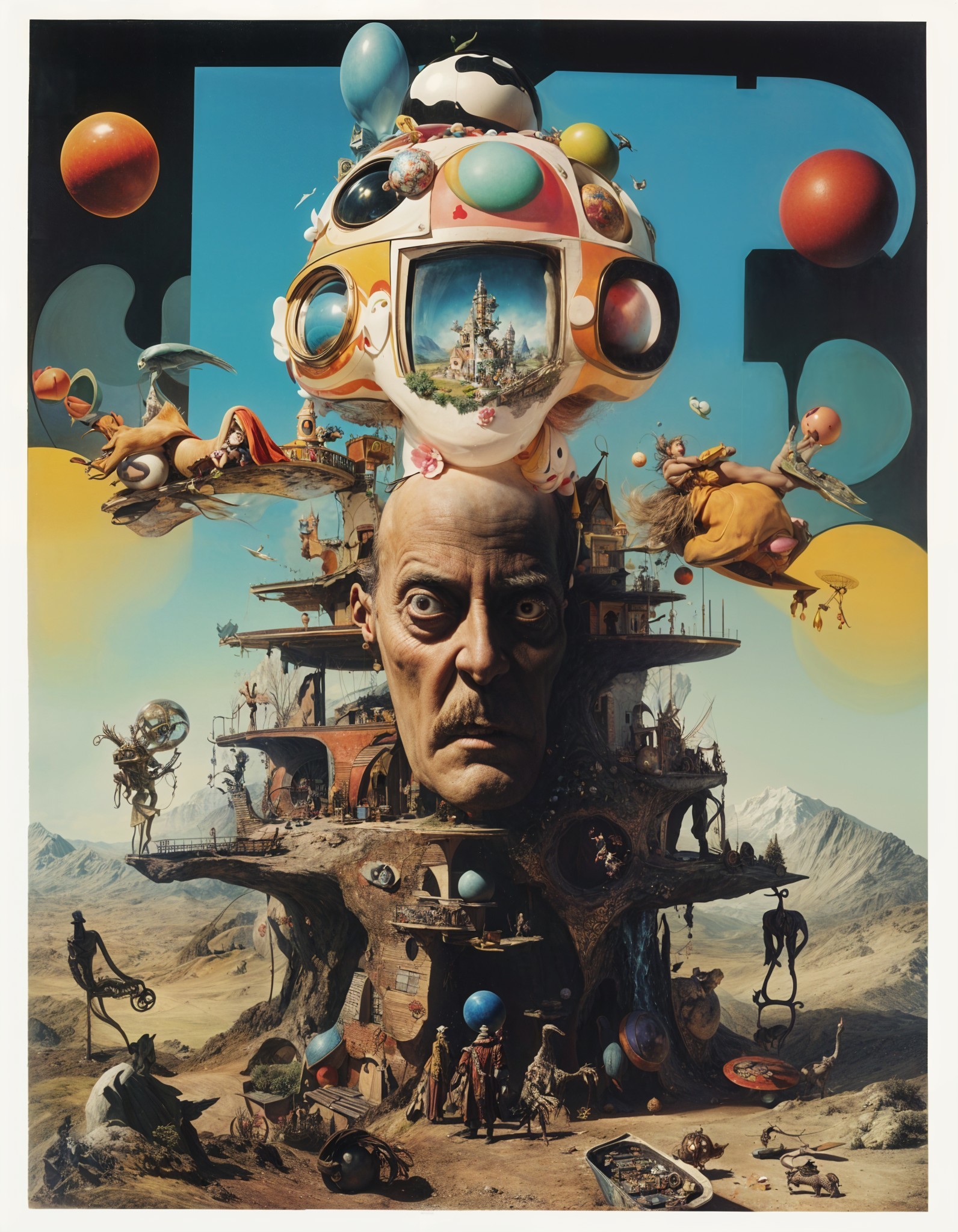 Surreal Landscape with Expressive Face and Whimsical Elements