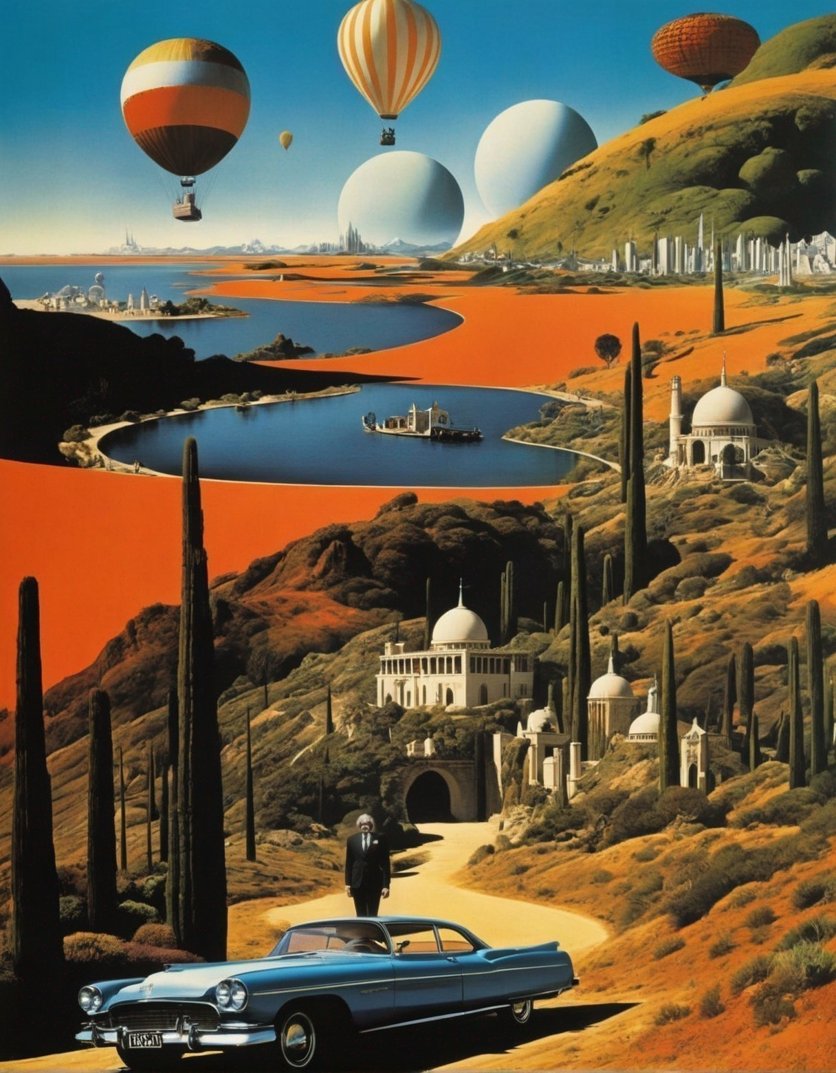 Surreal Landscape with Colorful Balloons and Mountains