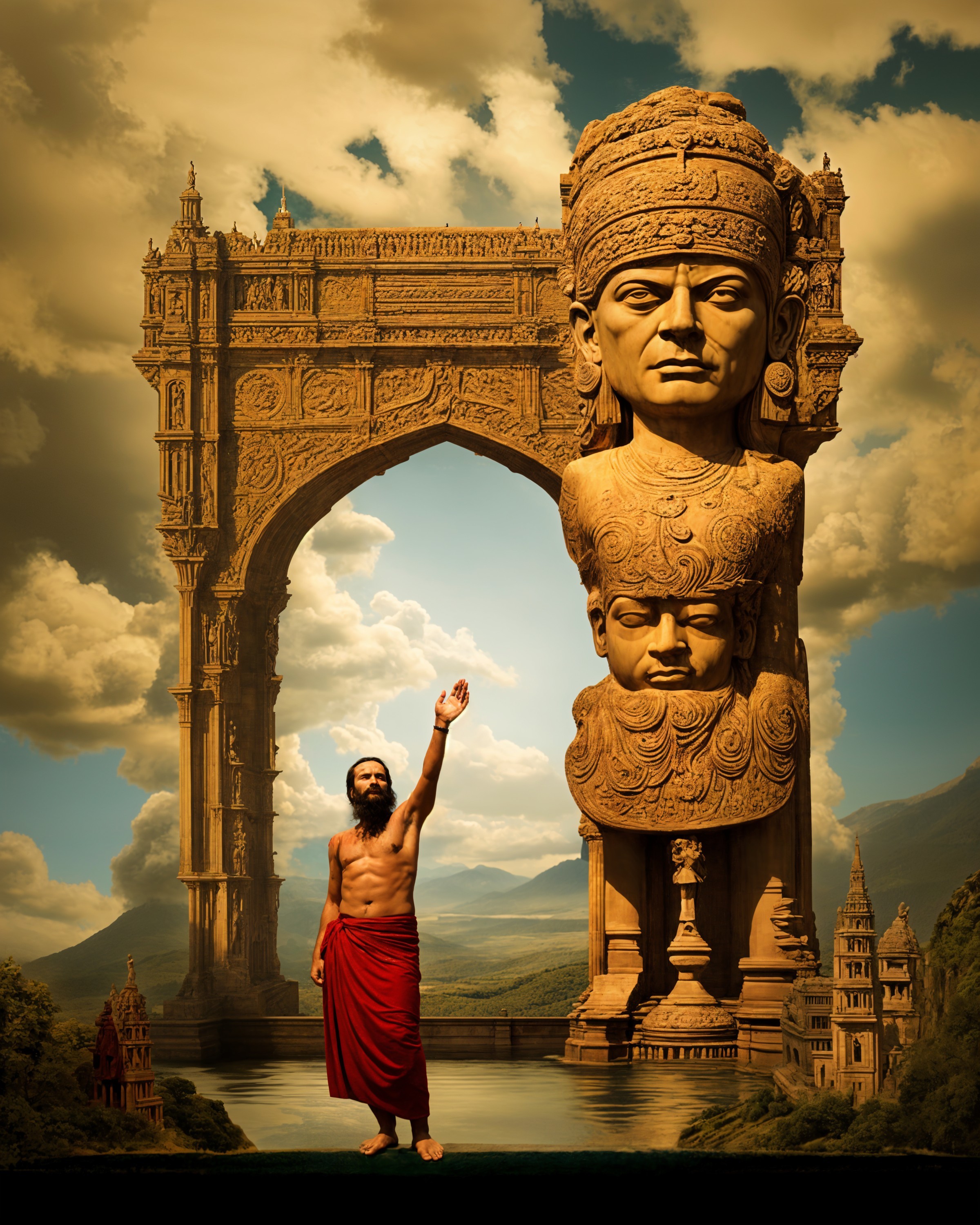 Majestic stone archway with carved statues and sky