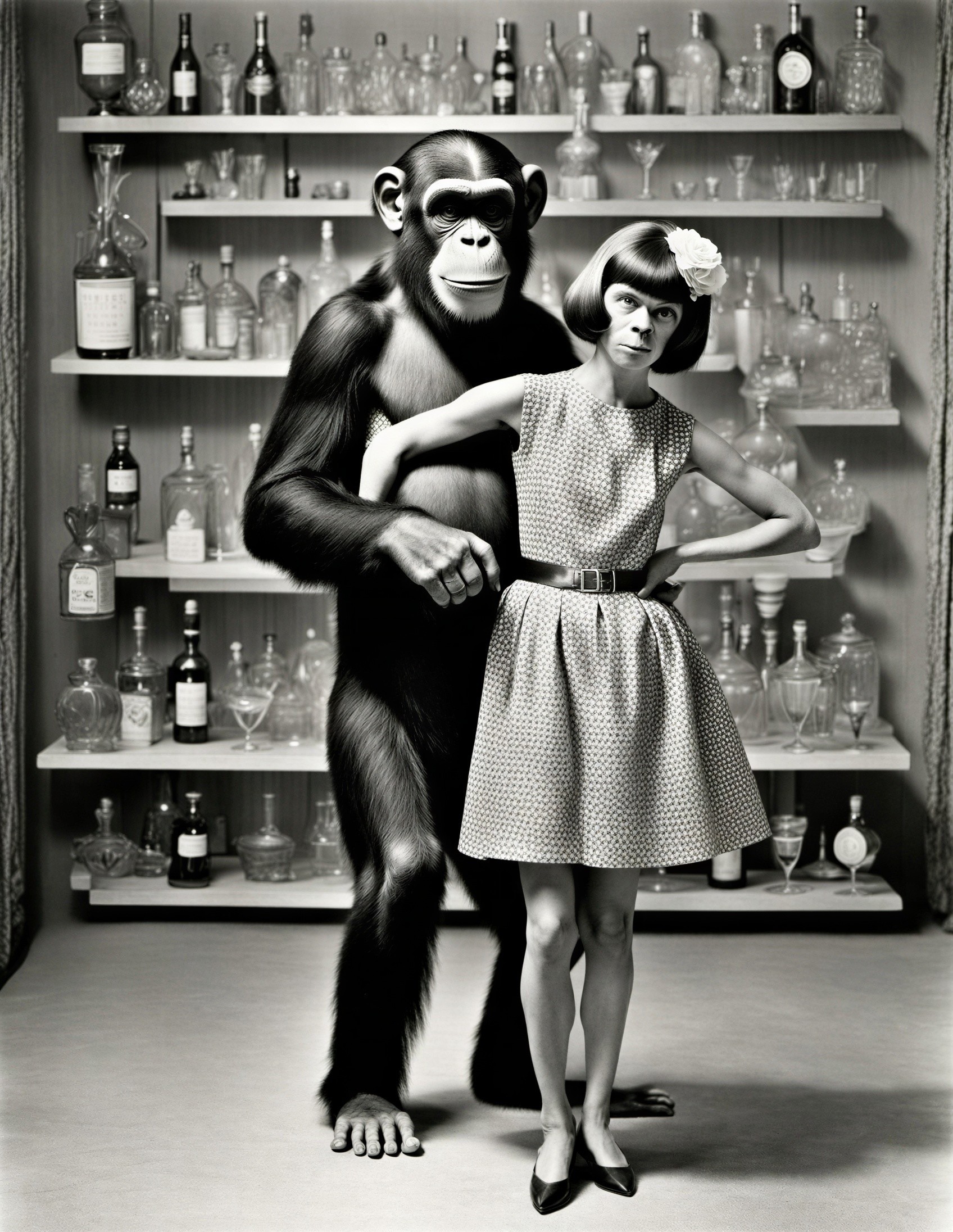 Black and white fashion portrait of a woman and chimpanzee