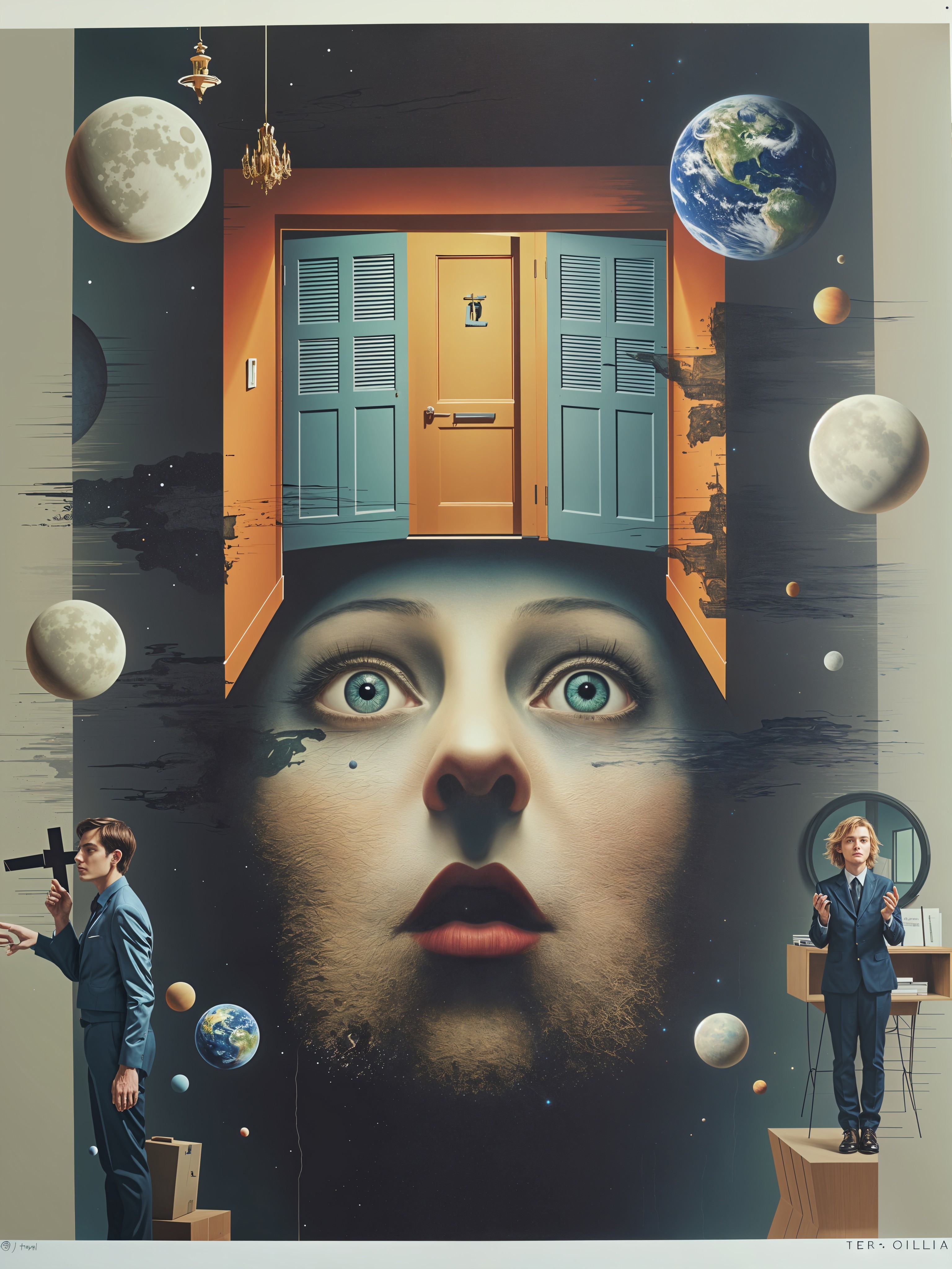 Surreal Mural of Woman with Cosmic Scene and Men in Suits