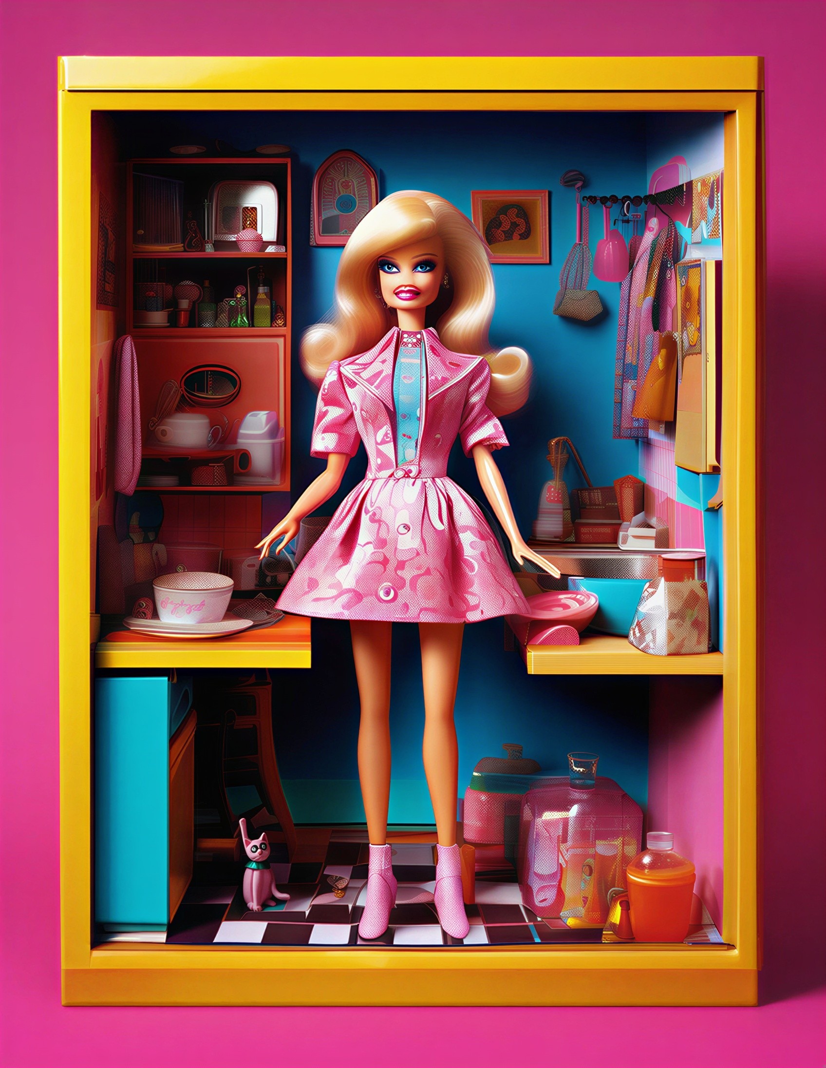 Barbie Doll in Pink Dress Inside Yellow Box Setting