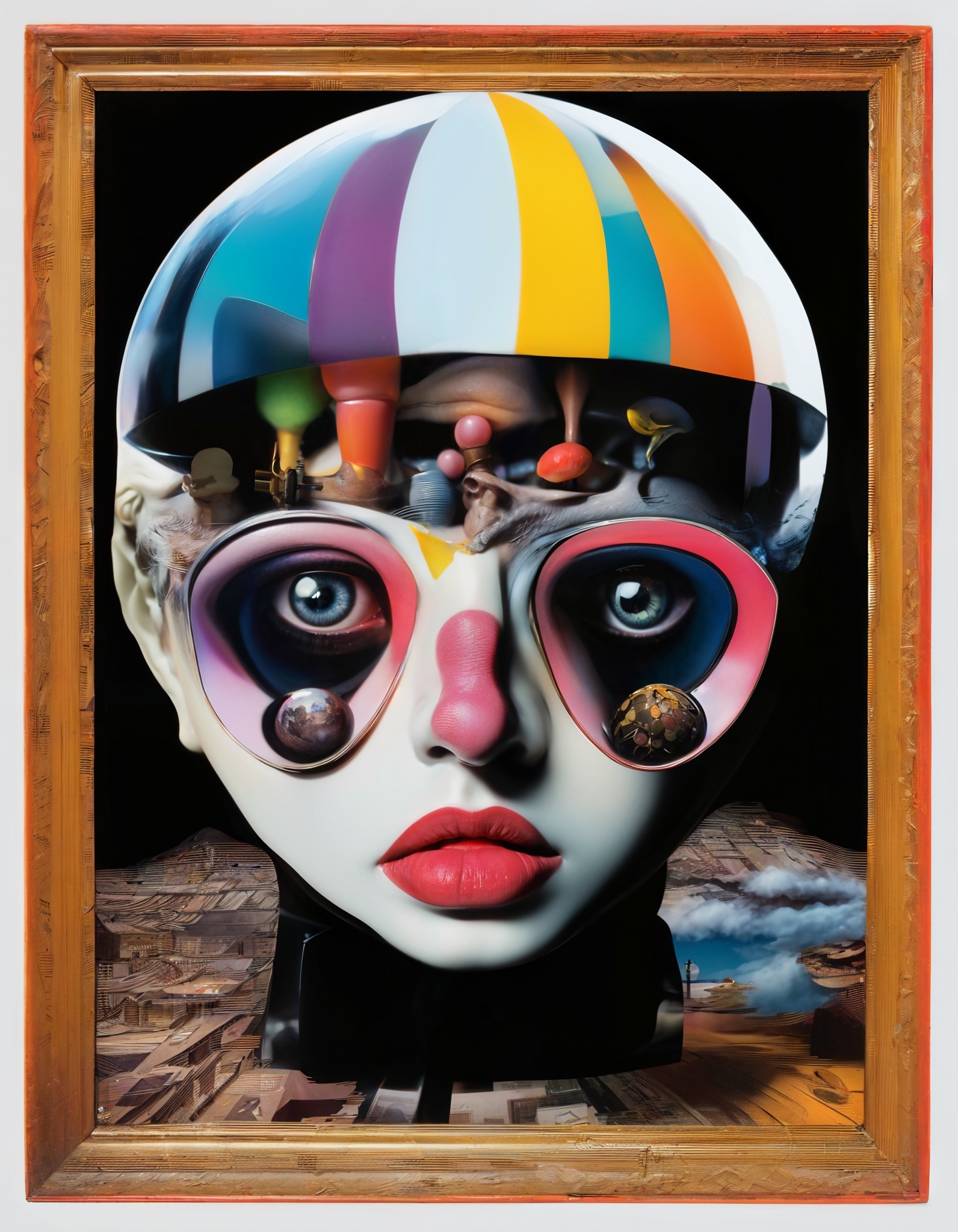 Surreal Sculptural Head with Vibrant Colors and Features