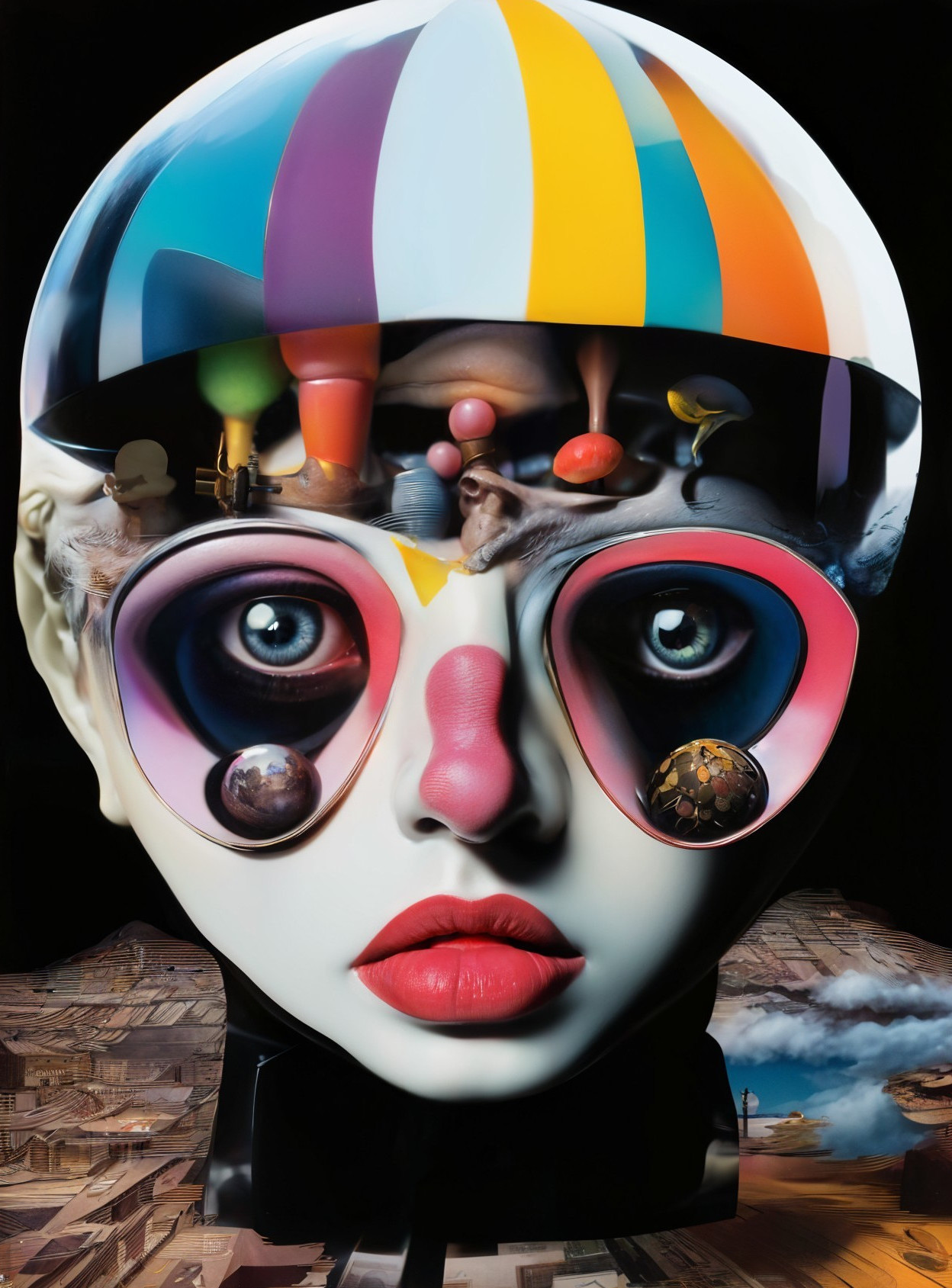Surreal Sculptural Head with Vibrant Colors and Features