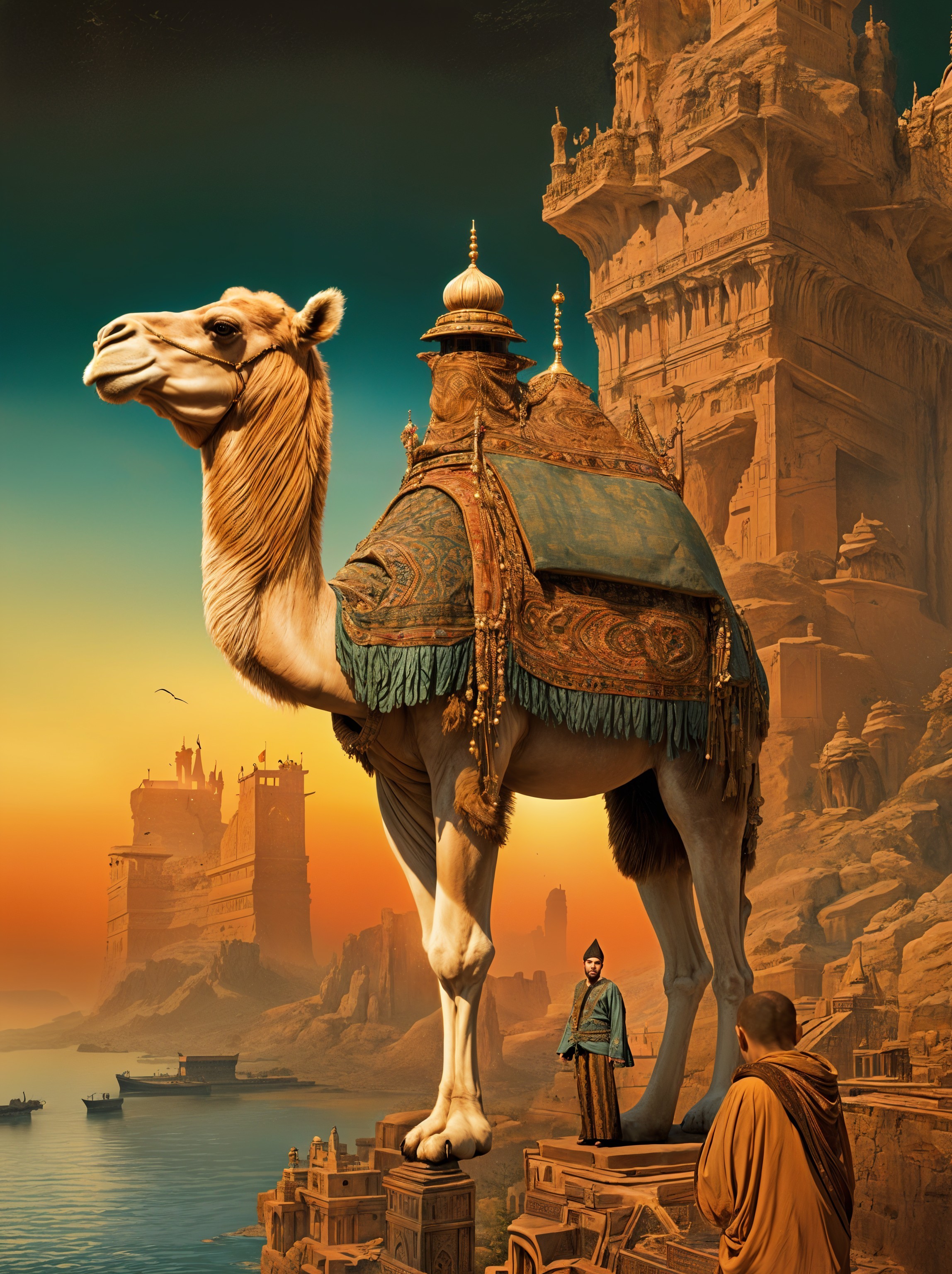 Camel with Ornate Saddle in Surreal Landscape