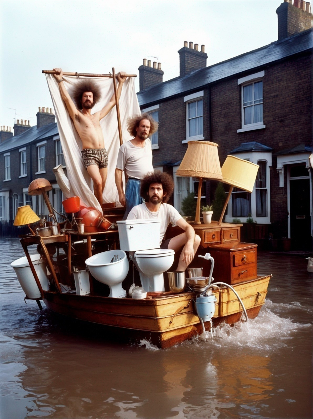 Men in a makeshift boat on a flooded urban street
