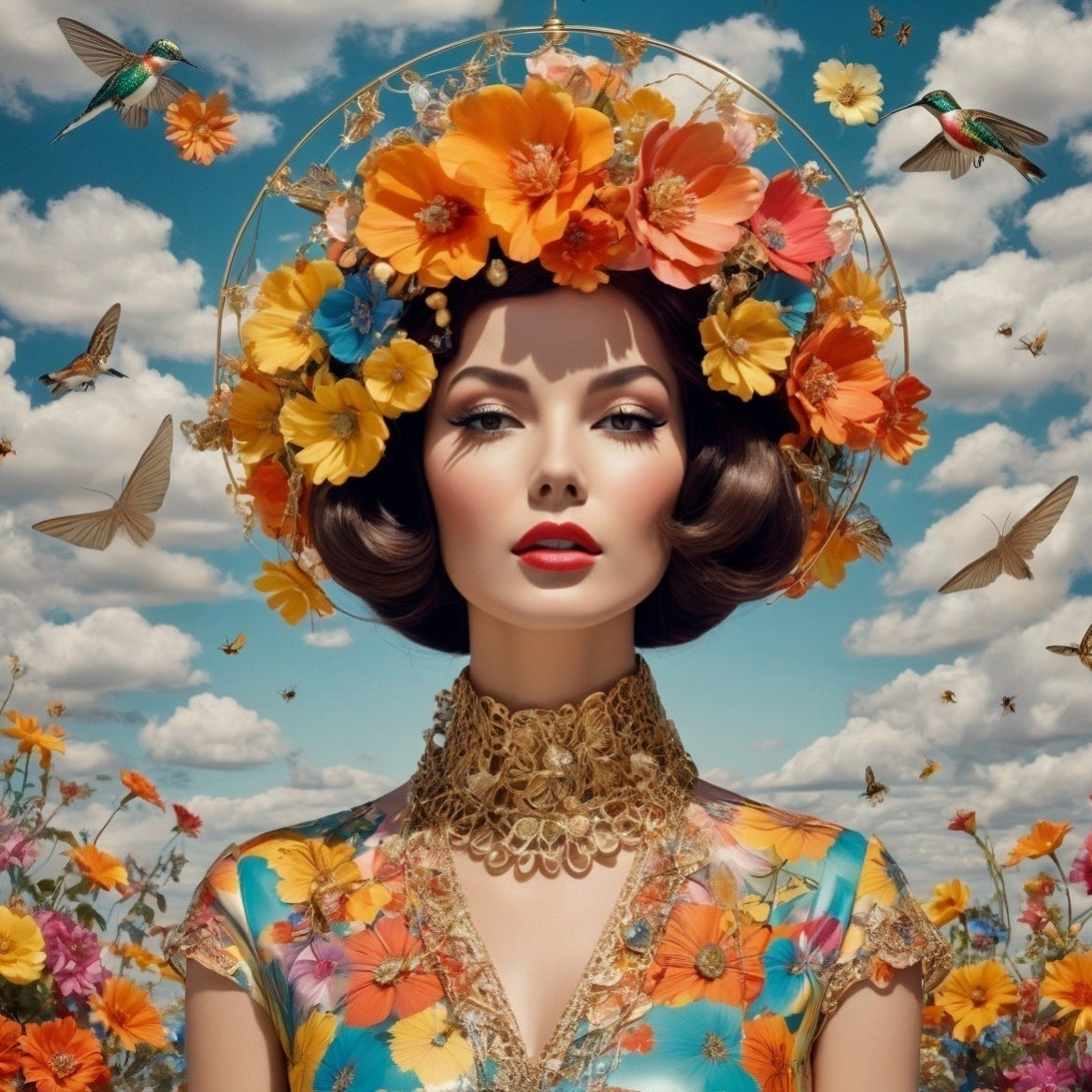 Woman in Floral Crown Against Blue Sky and Nature