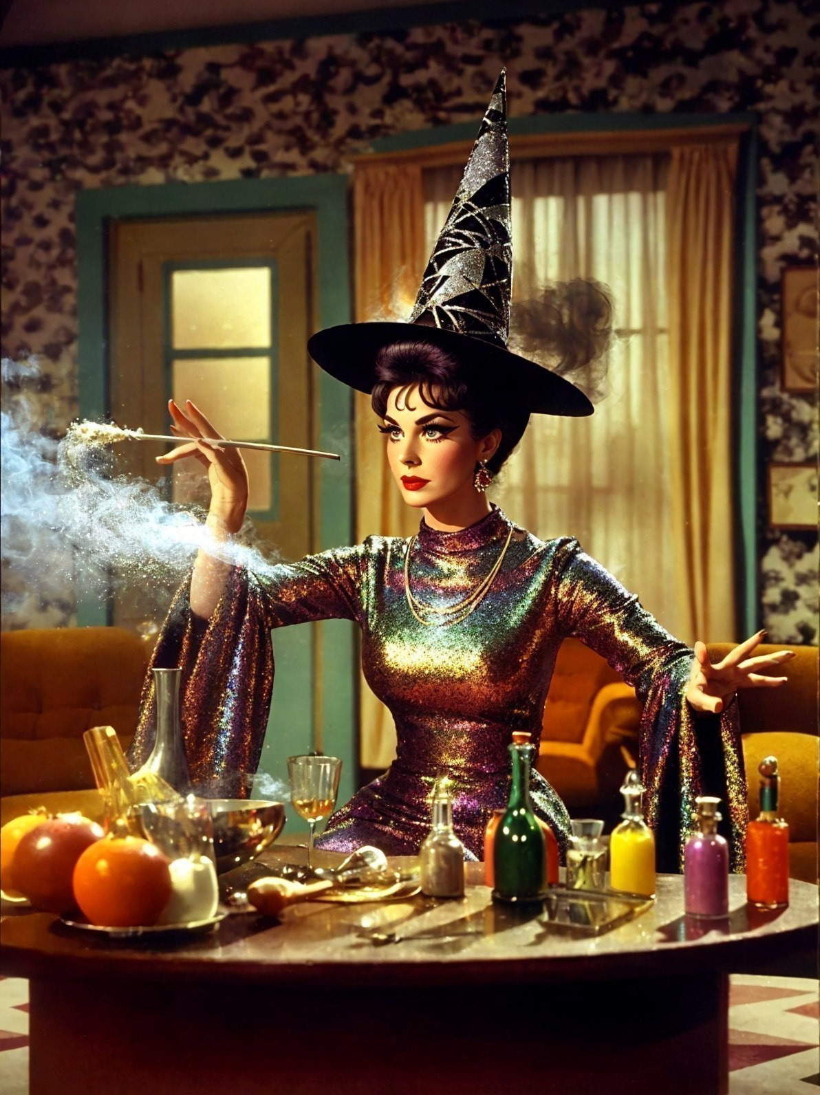 Glamorous Witch in Retro Setting with Colorful Potions