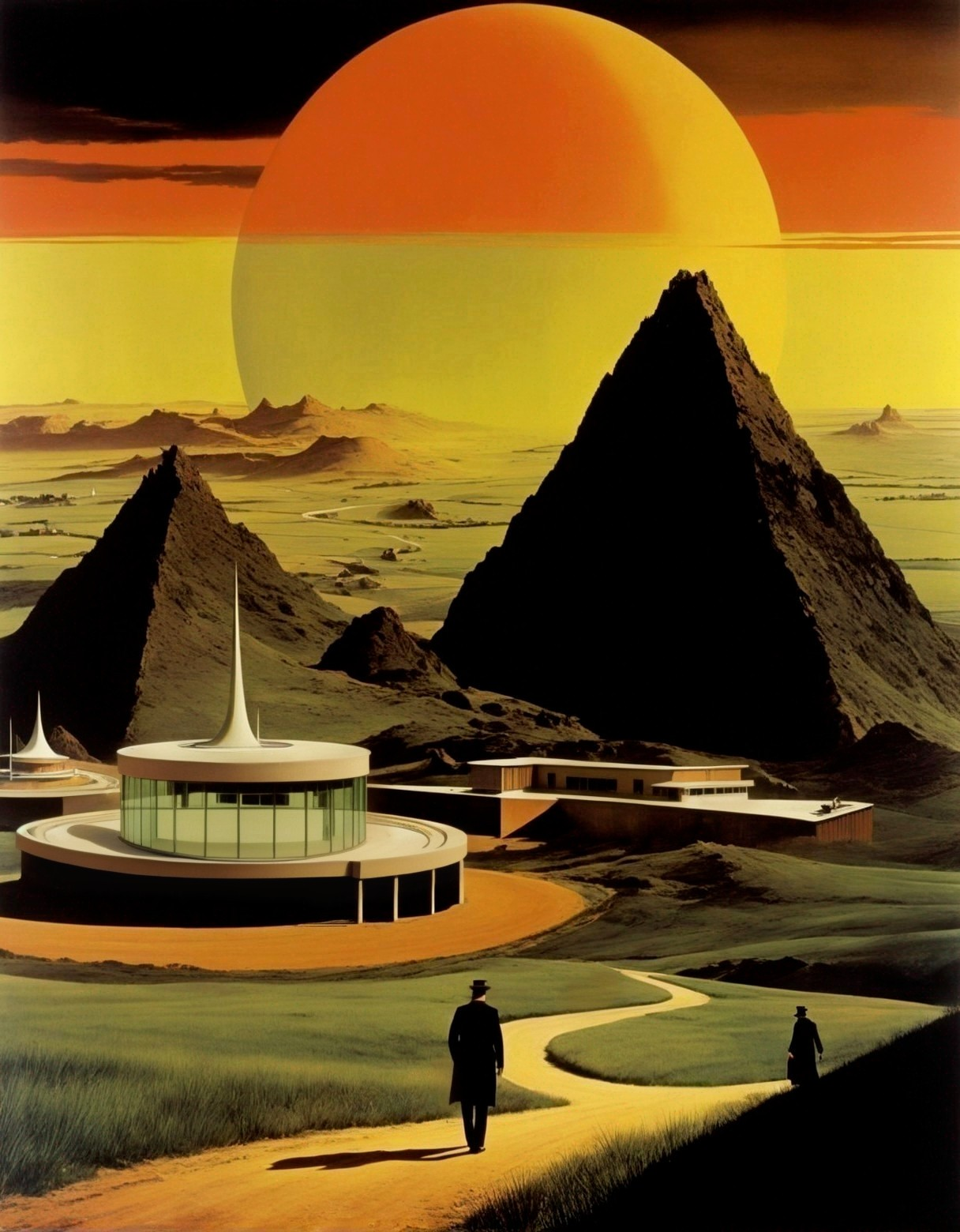 Sci-fi Landscape with Pyramids and Futuristic Structure