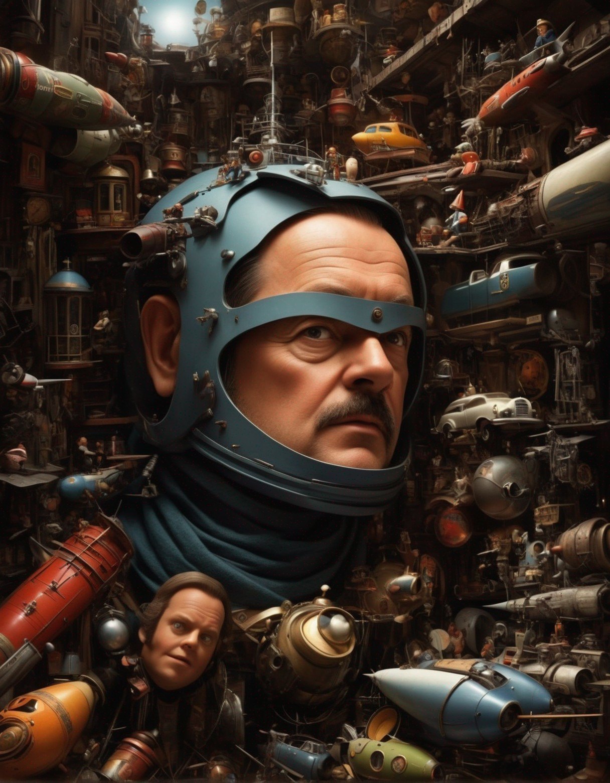 Surreal Art with Oversized Head and Vintage Machinery