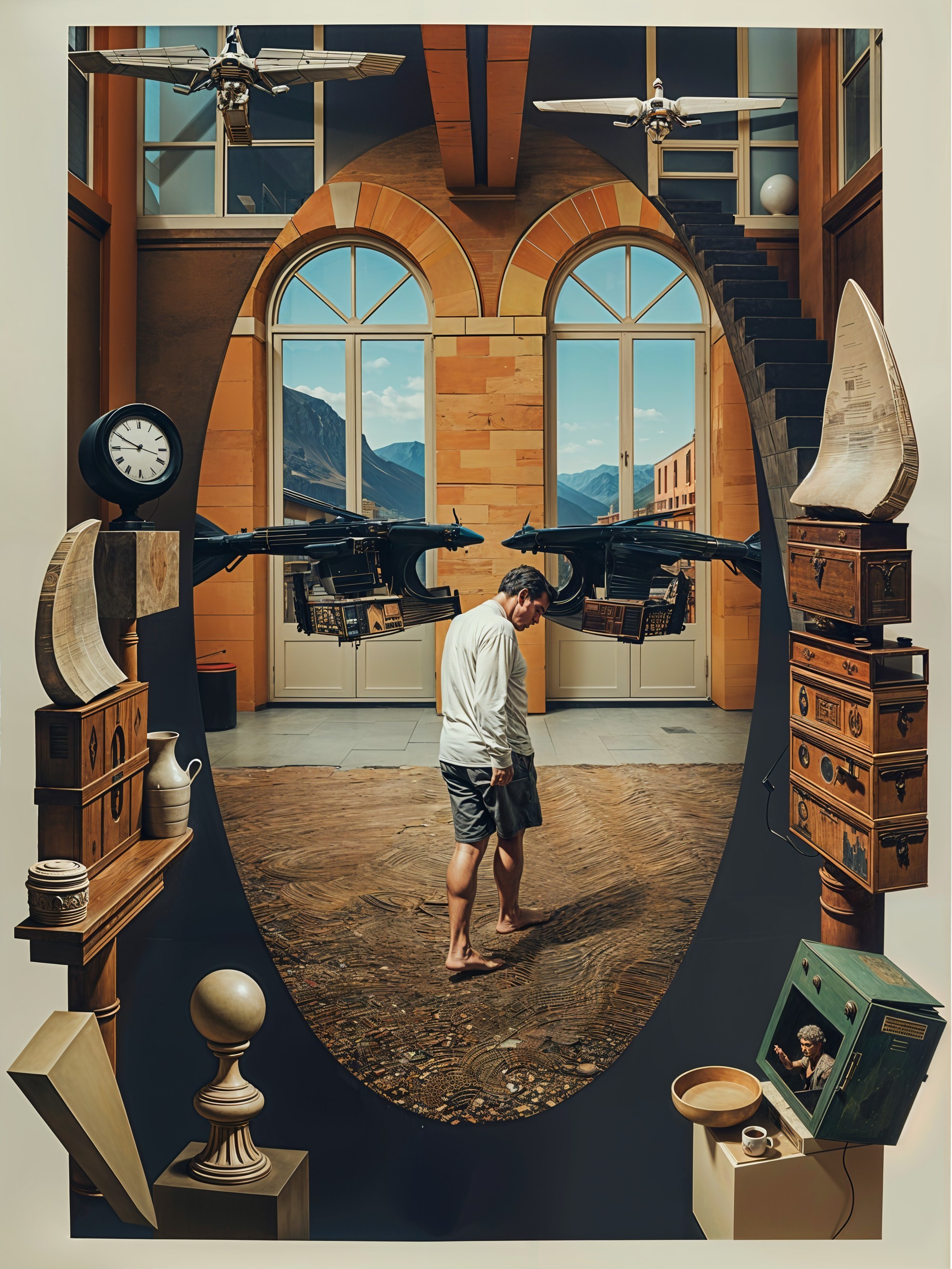 Surreal Room with Clocks, Drones, and Mountain Views