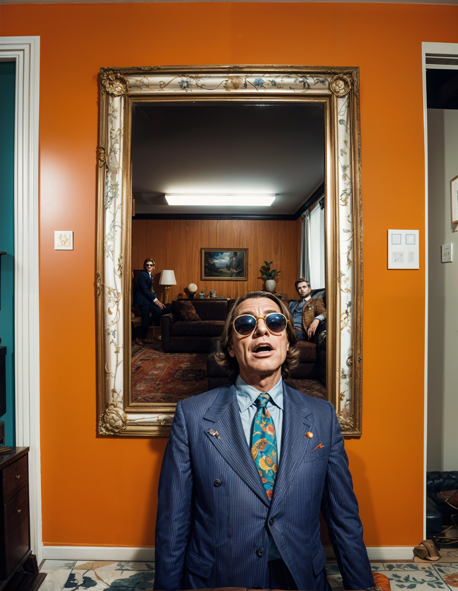 Stylish Man in Blue Suit Before Ornate Mirror