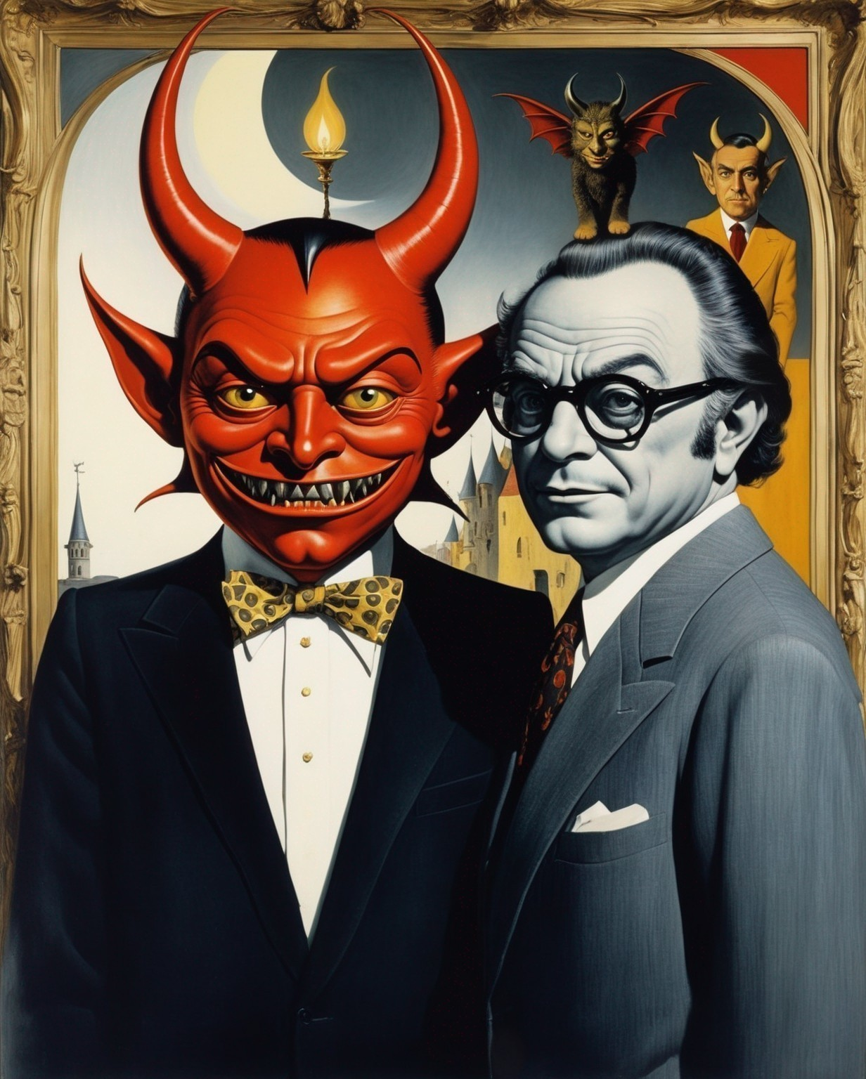 Sophisticated Man and Devil Mask in Surreal Setting