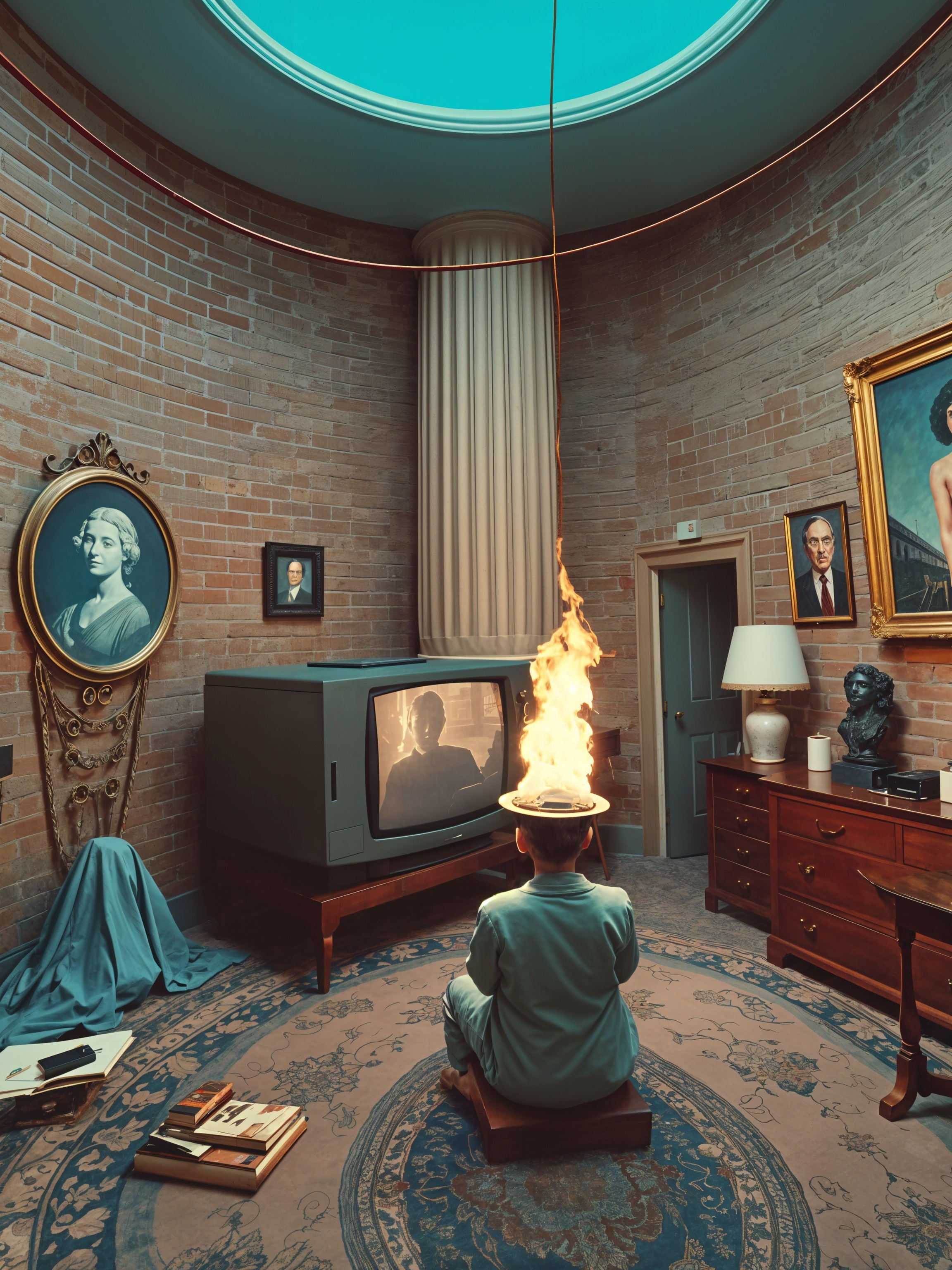 Surreal Scene in Vintage Room with Fiery Hat