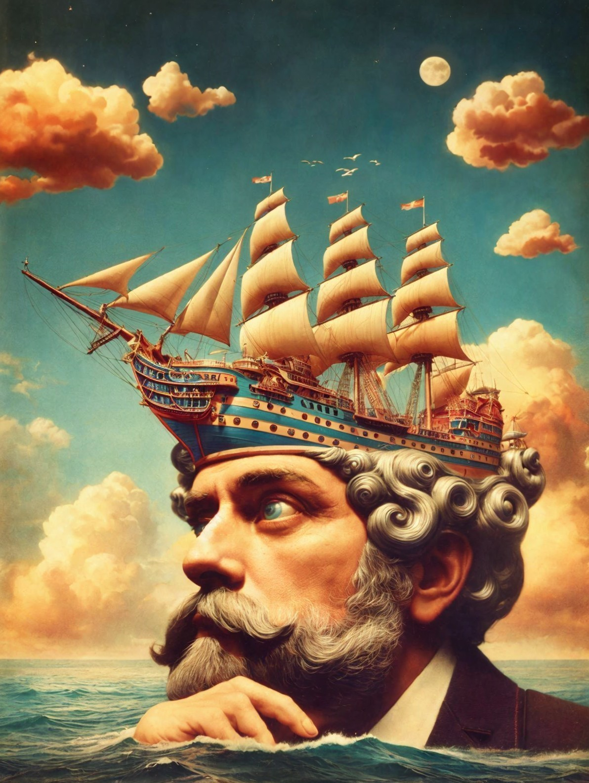 Surreal Sailing Ship on Man's Head Against Sky