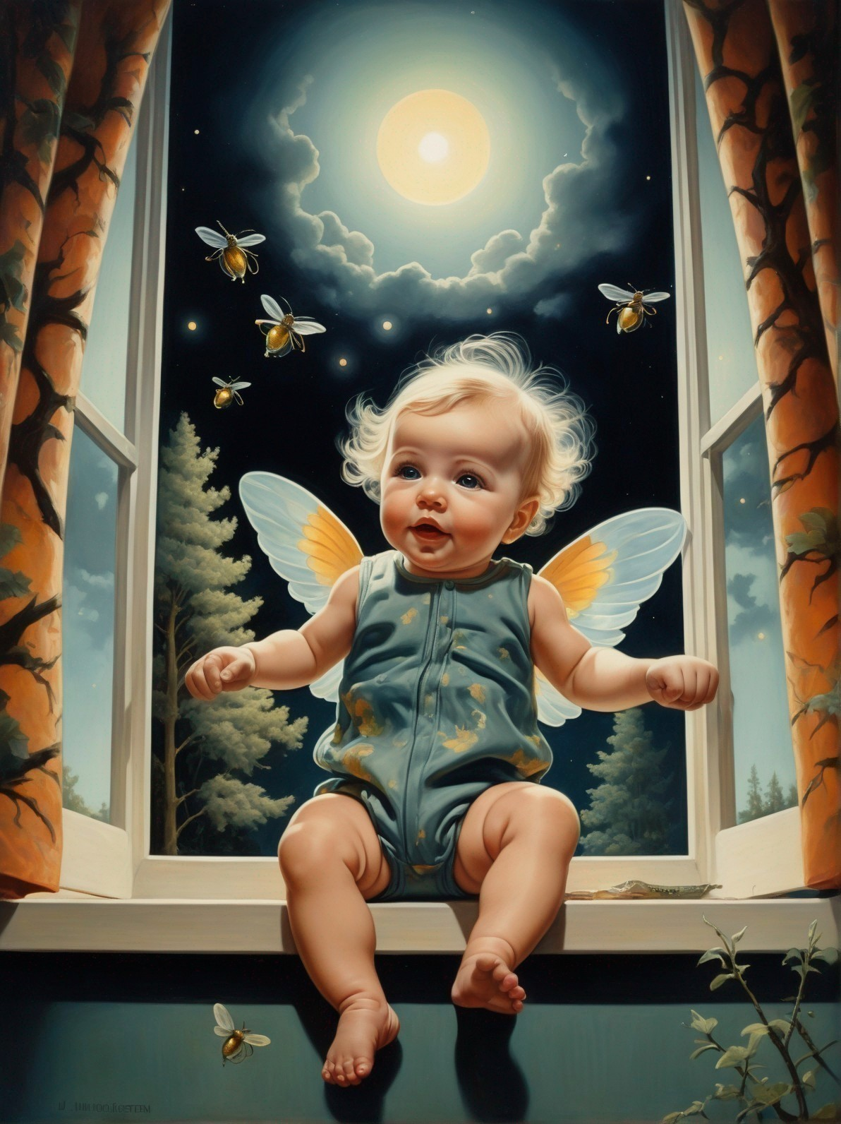 Cherubic Baby with Wings at Moonlit Window Scene