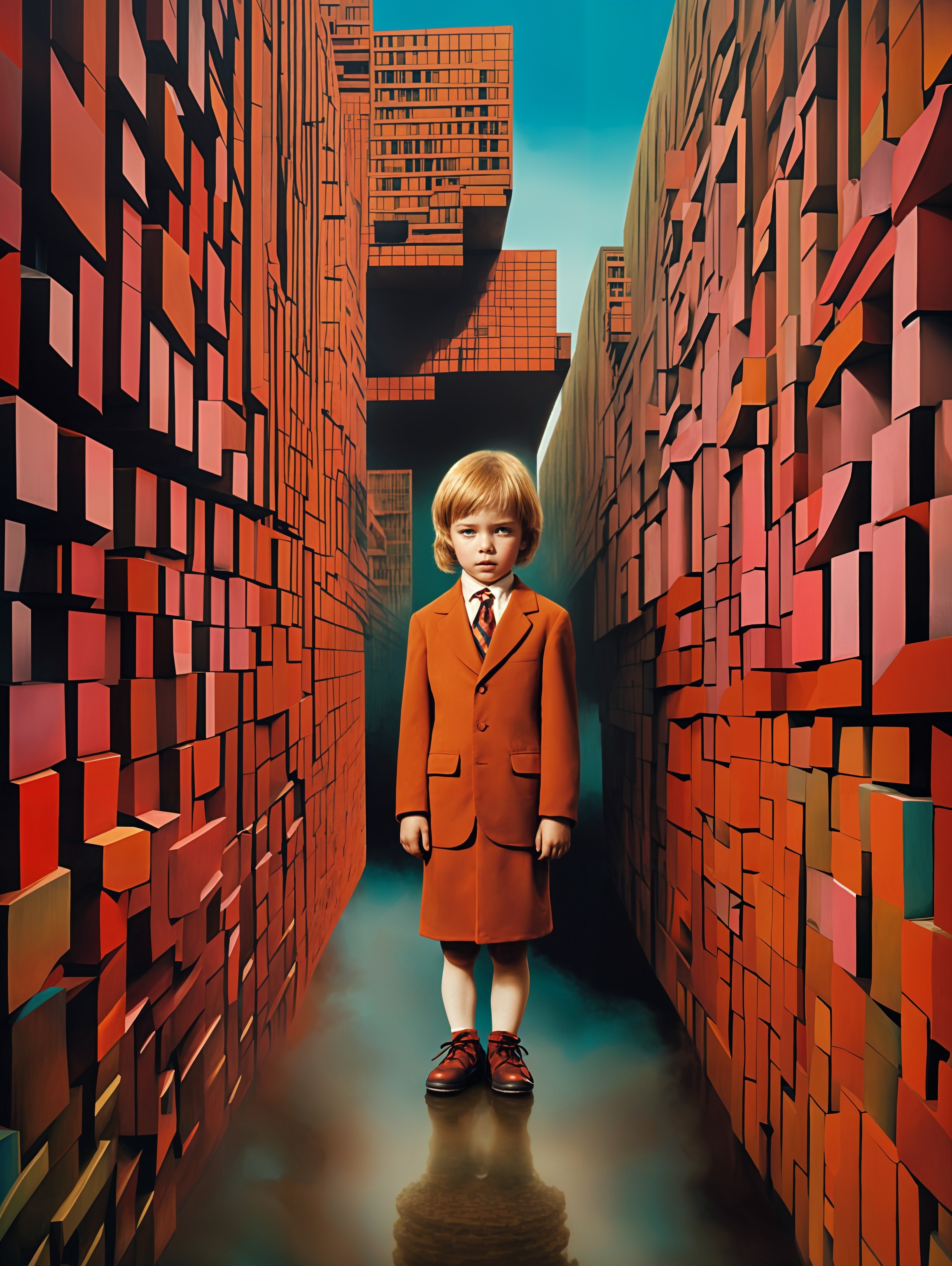 Young boy in vibrant geometric alley with reflections