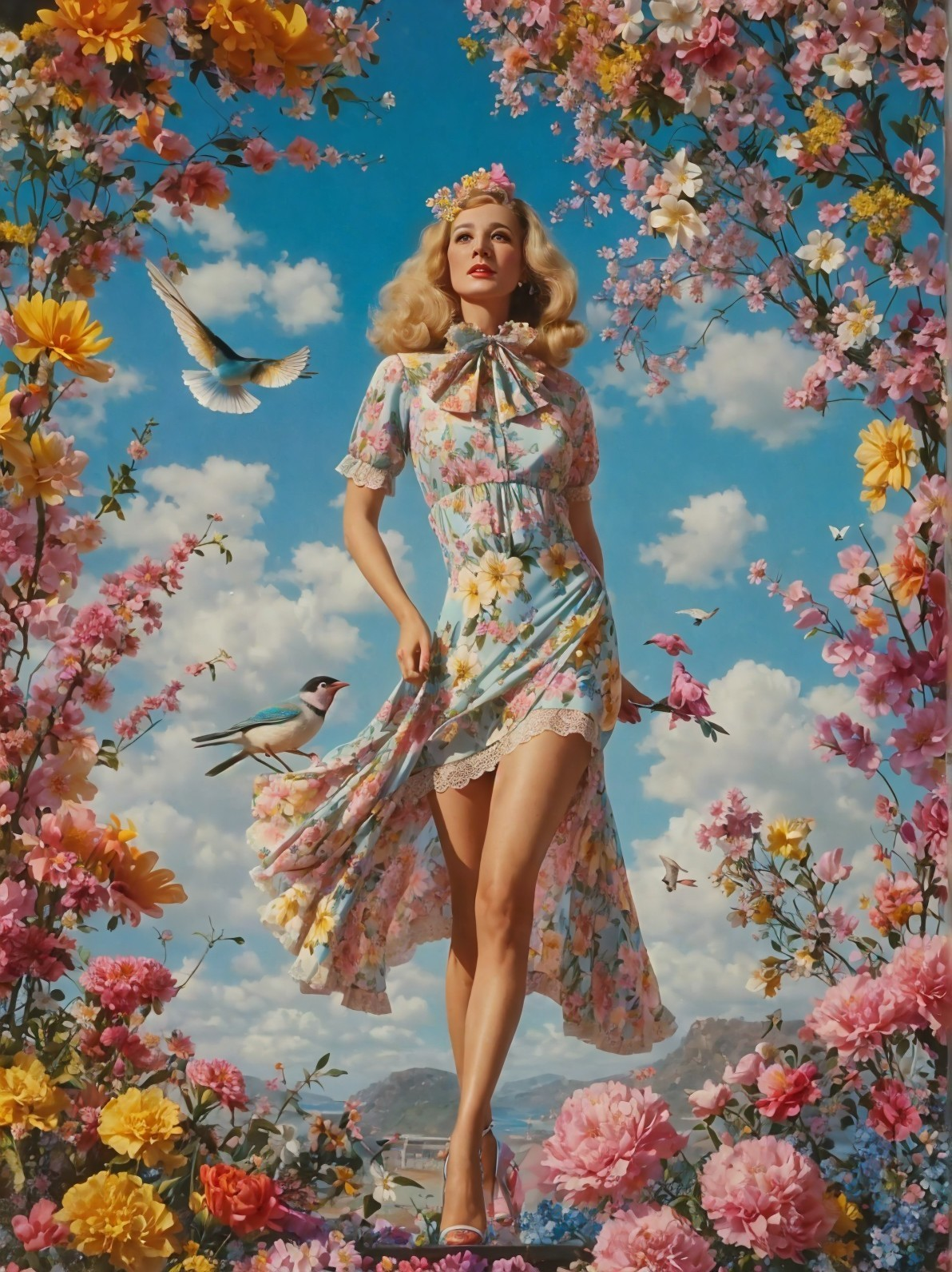 Woman in Pastel Floral Dress Surrounded by Flowers