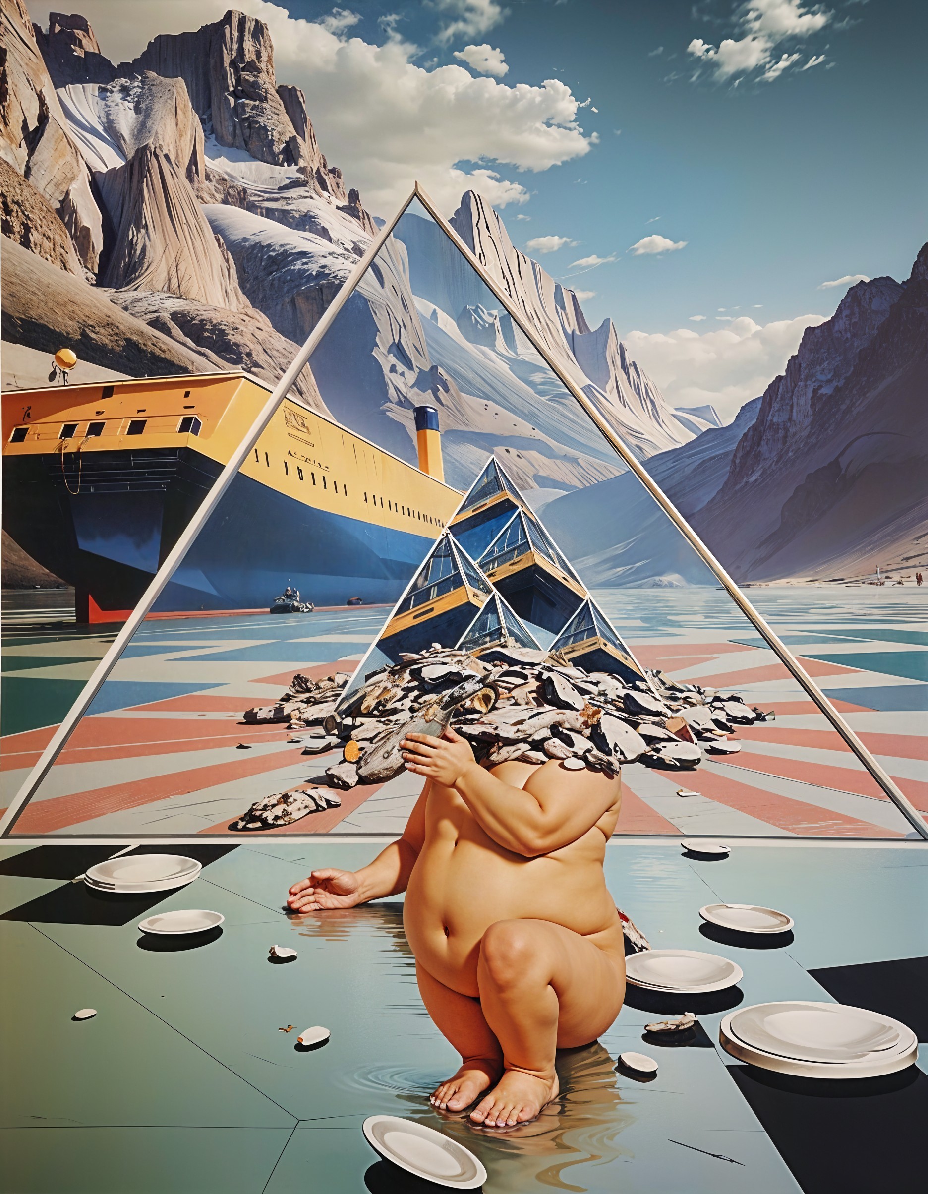 Surreal Scene of Fragmented Figure and Geometric Elements