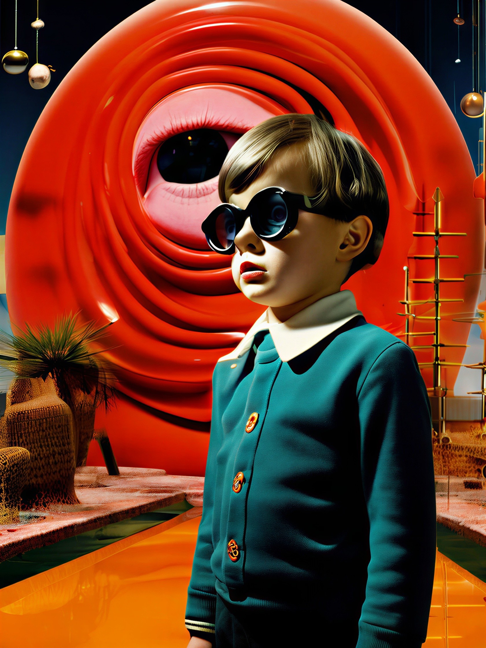 A surreal scene featuring a boy in a teal suit and sunglasses
