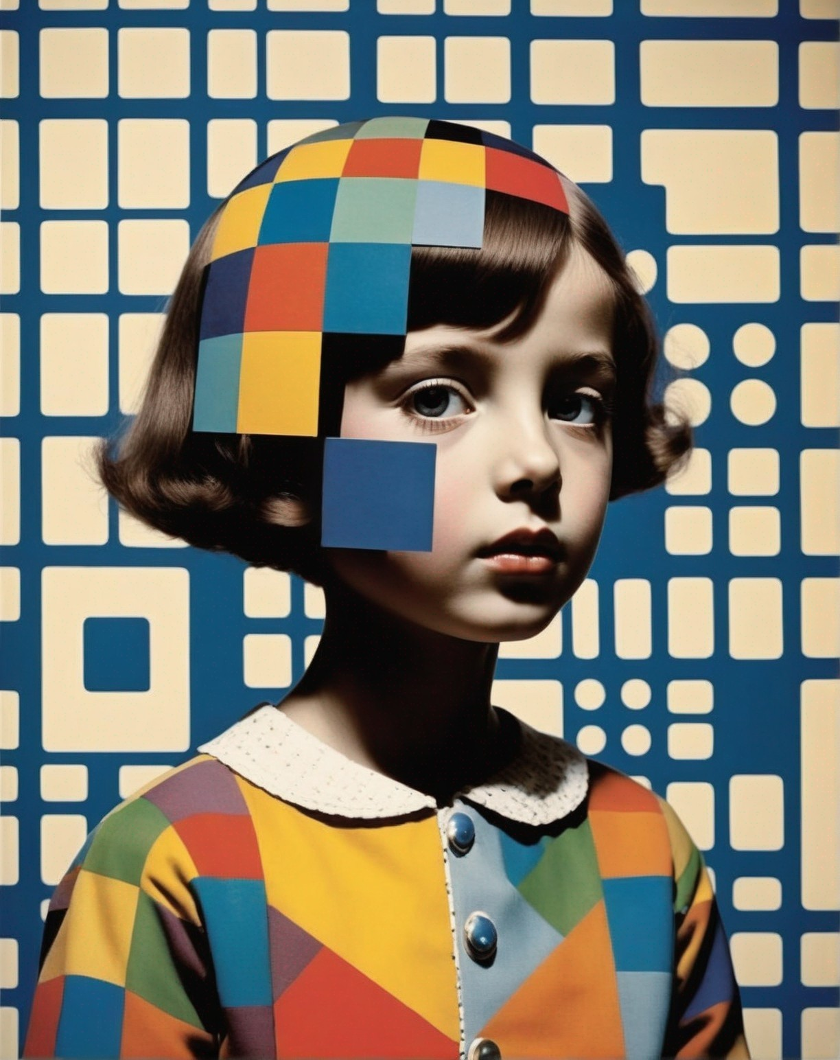 Young girl in colorful geometric patterned artwork