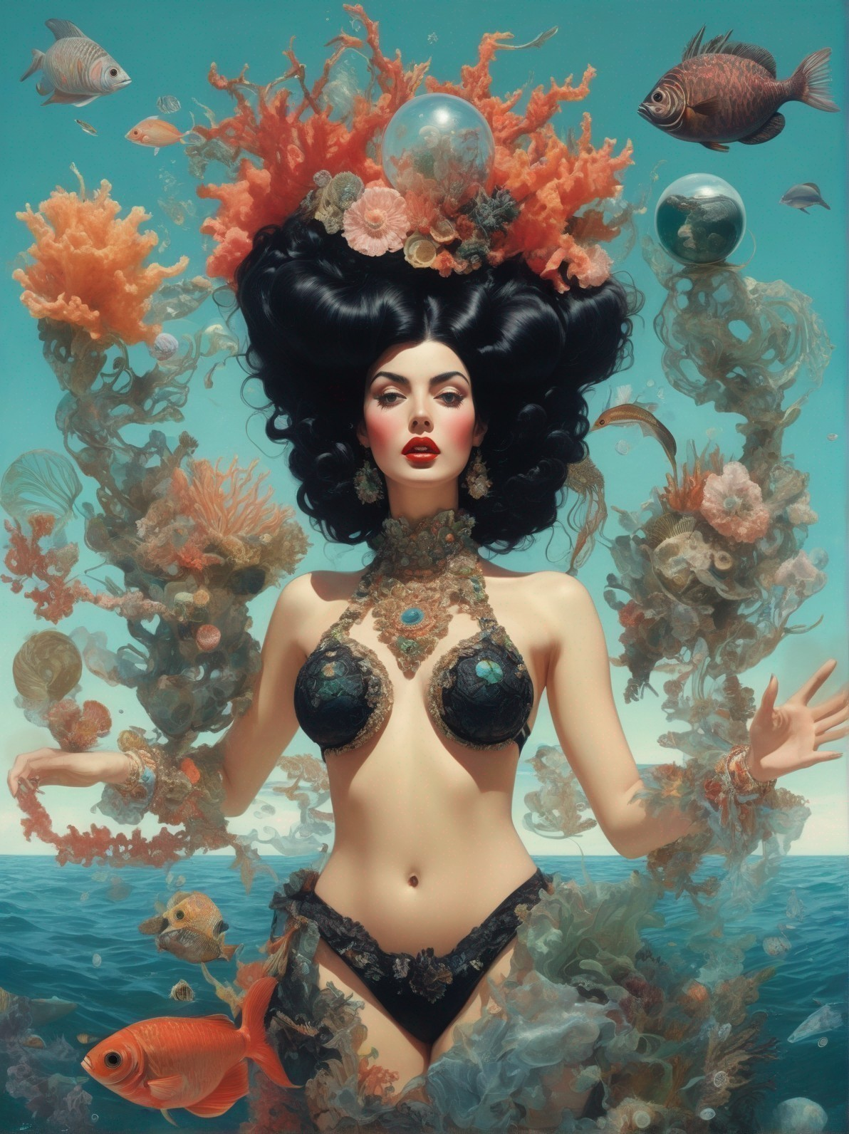 Underwater Scene with Woman and Marine Elements