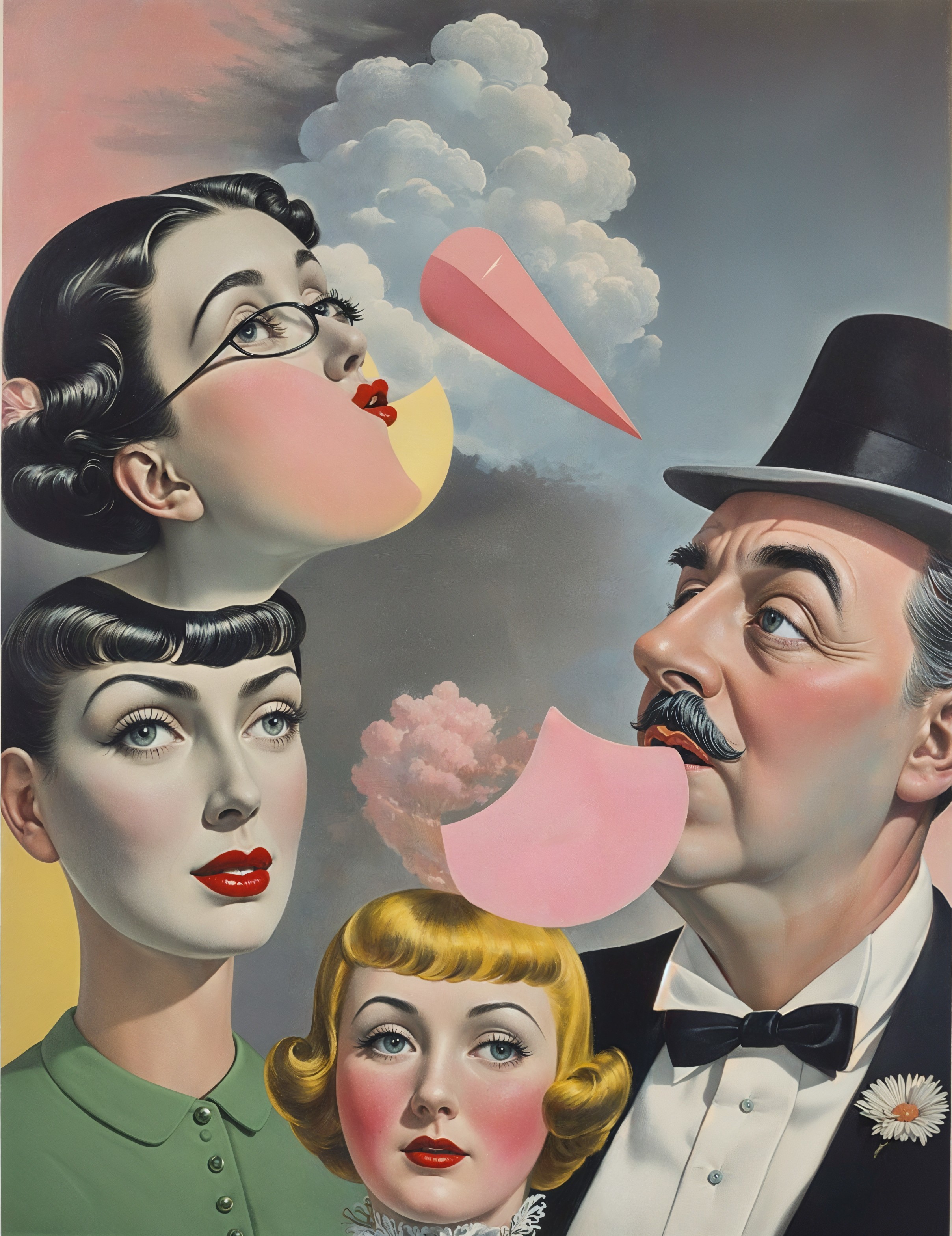 Pop Art Faces in Surreal Cloudy Setting