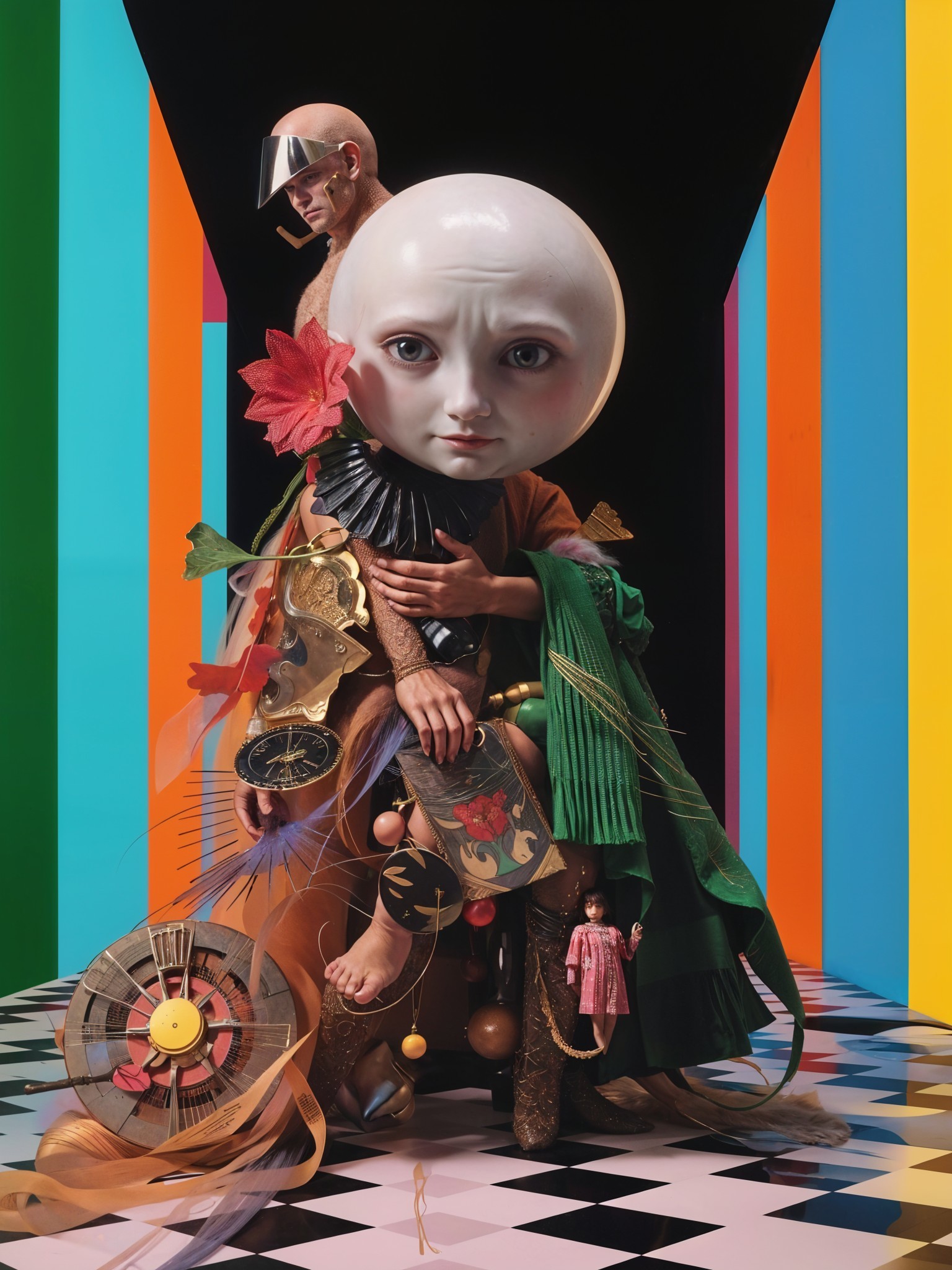 Surreal Figure with Avant-Garde Fashion and Art Elements