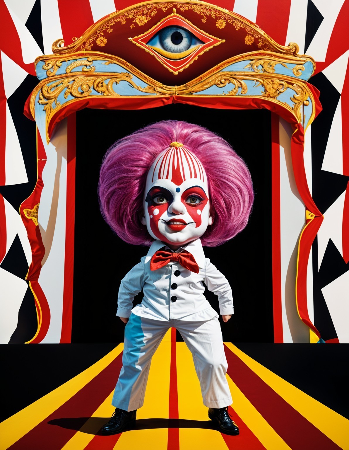 Whimsical Clown Figure in Vibrant Circus Setting