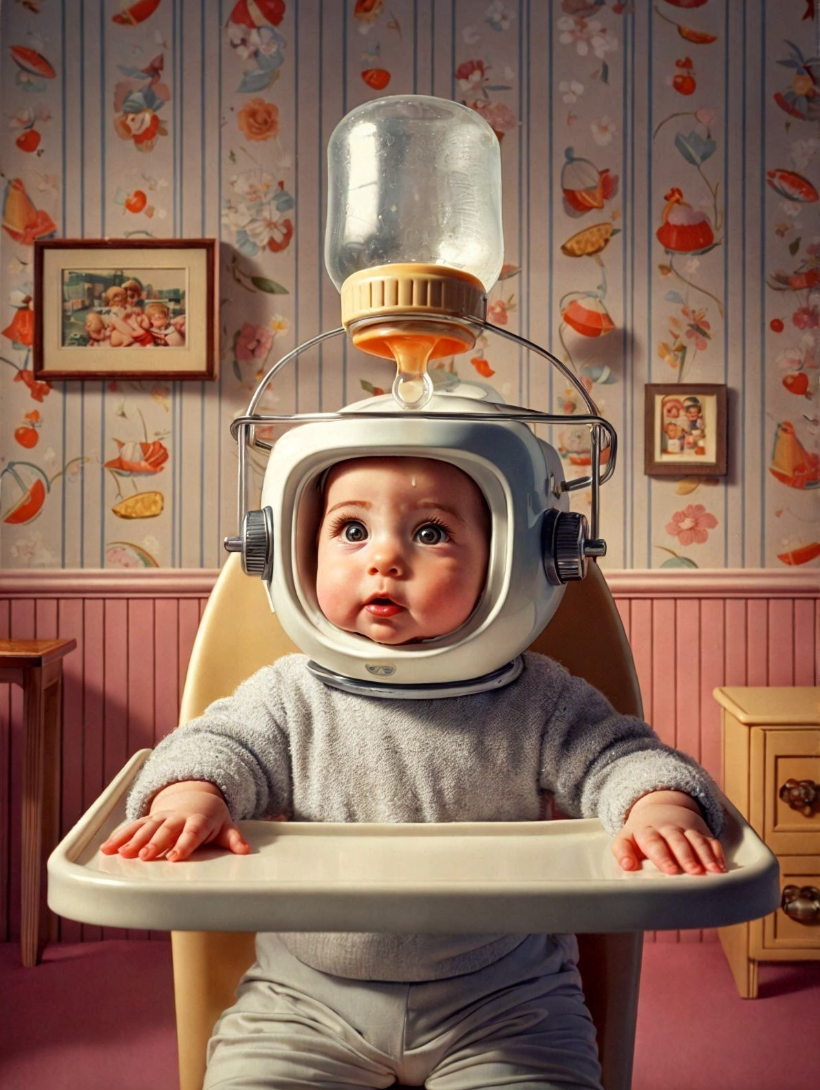 Whimsical Baby in Vintage High Chair with Space Helmet