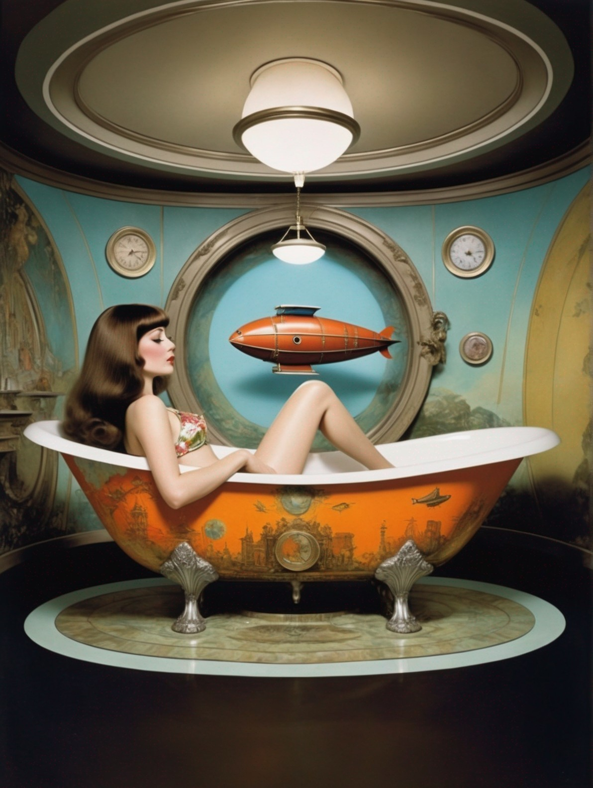 Stylish Woman in Vintage Bathtub in Whimsical Space